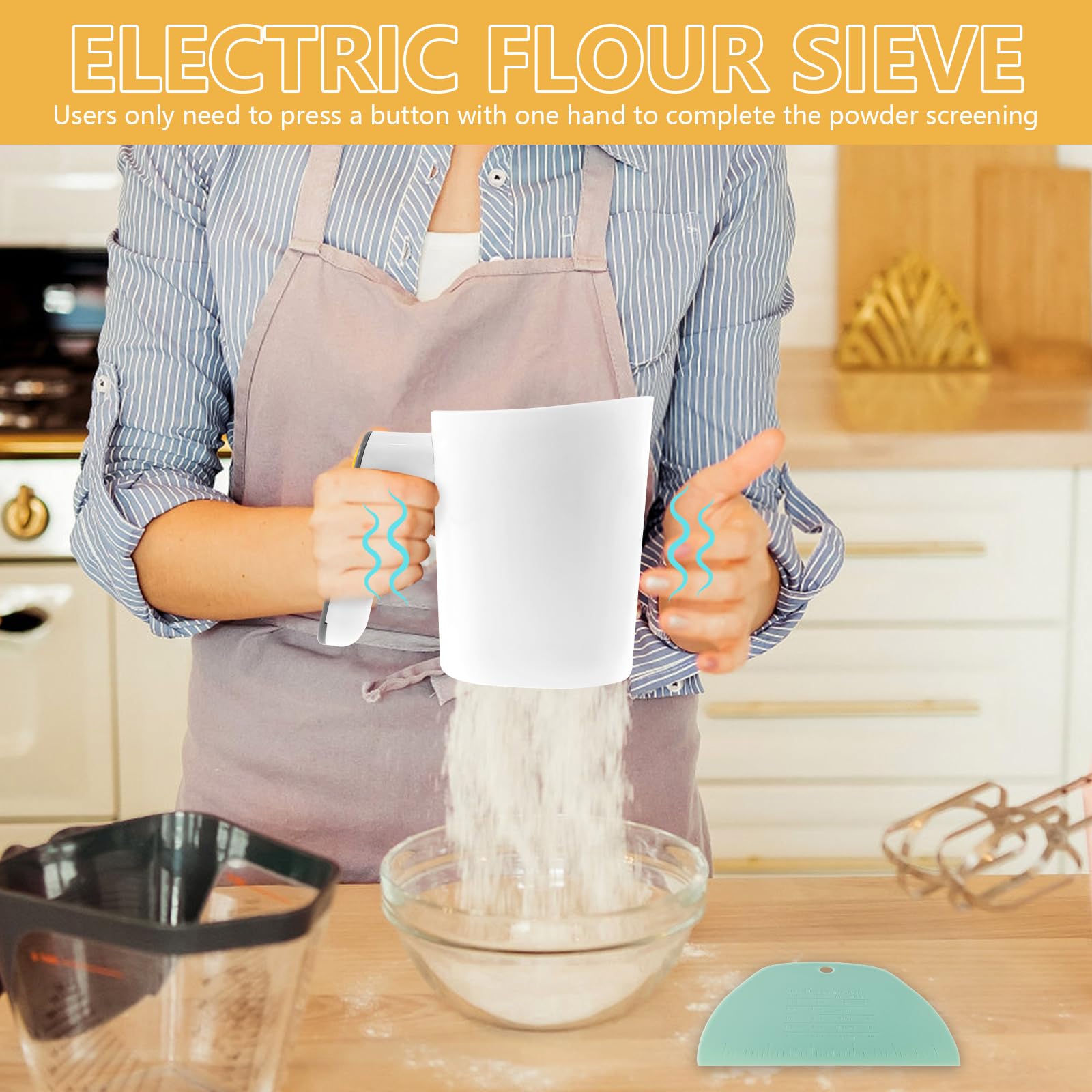 Electric Flour Sifter, Electric Hand-held Flour Sieve with Dough Scraper, Ergonomic Handle Flour Sieve Kitchen Baking Tool for Cooking, Pastry Baking, Easy to Clean