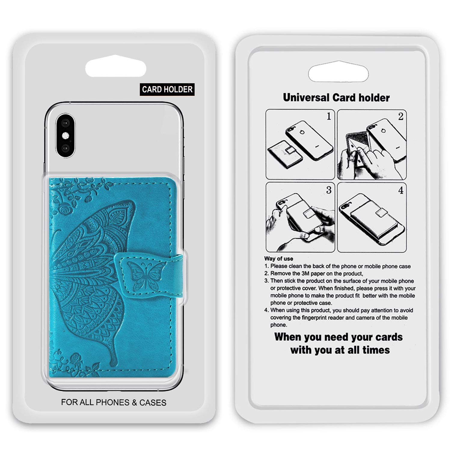 Phone Card Holder RFID Blocking Sleeve, 3D Butterfly Flower Kickstand Pu Leather Back Stick-On Adhesive Credit Cards & Cash Phone Wallet For Most of Smartphones iPhone/Android/Samsung Galaxy-Blue