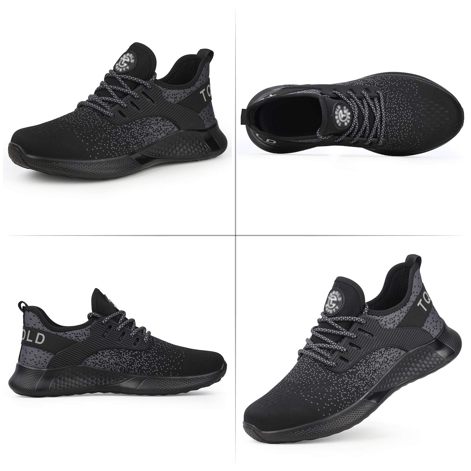 AONETIGER Buty ochronne dla mężczyzn i kobiet, lekkie buty robocze, stalowy nosek, sportowe, oddychające, antypoślizgowe, 8195 czarny, 45 EU