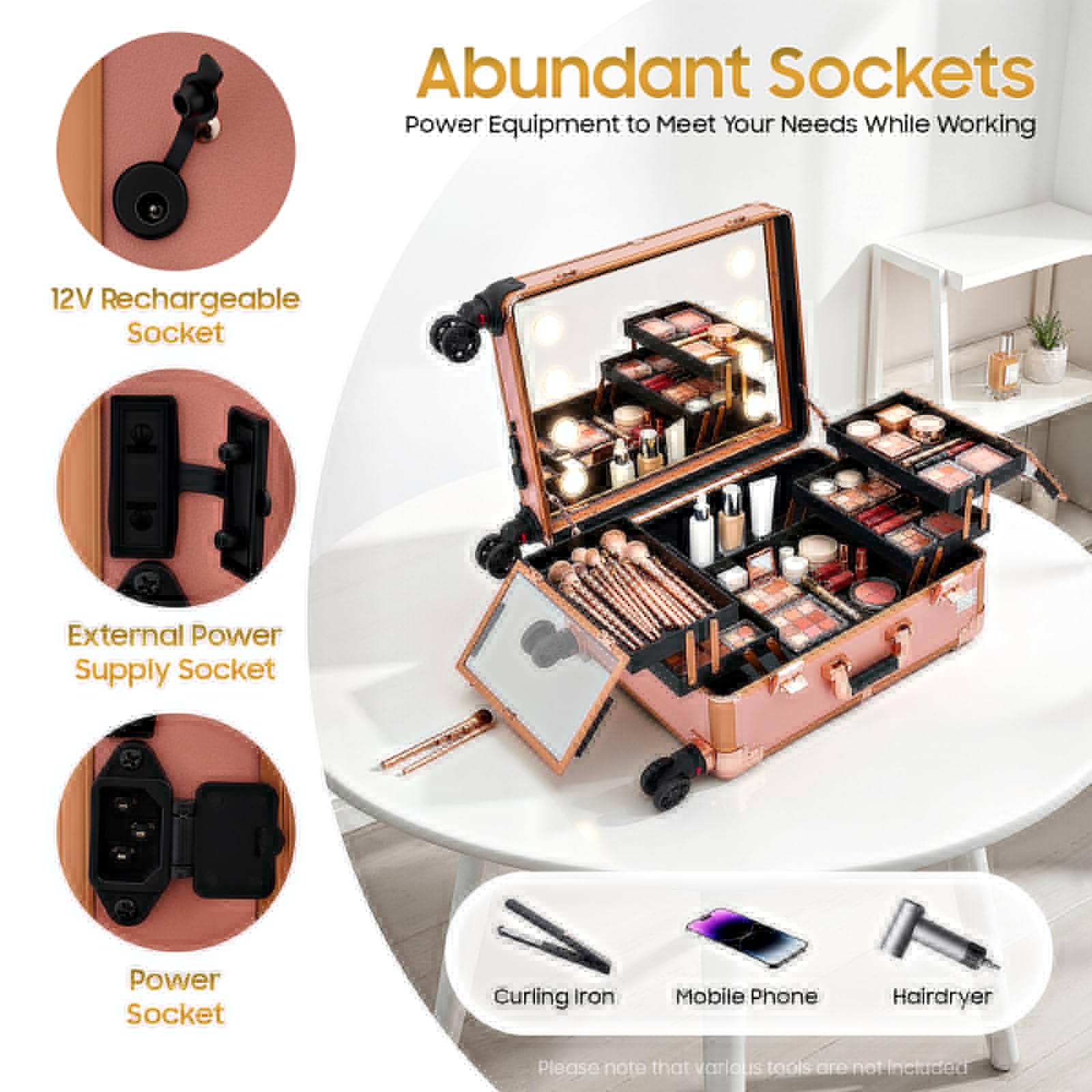 Maletín de maquillaje portátil de viaje, maletín de maquillaje, maletín de maquillaje, organizador de maquillaje, maletín 3 en 1, patas ajustables, ruedas giratorias 360° con luces de espejo