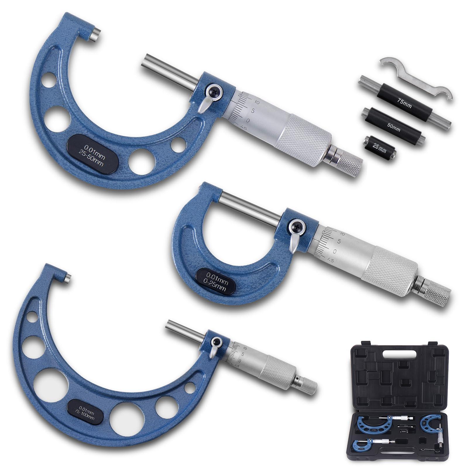 Set di 3 viti per misurazione, precisione 0,01 mm, diametro esterno micrometro in acciaio da 25 mm, asta di calibrazione da 50 mm, campo di misurazione 0-25 mm, 25-50 mm, 50-75 mm