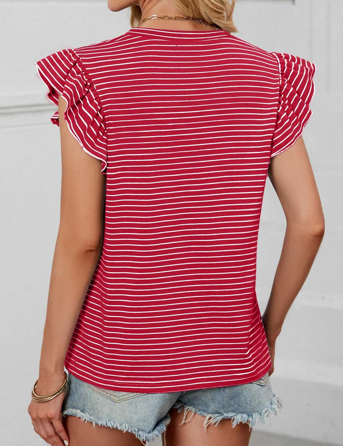 JUSTFASHIONNOW Womens Summer Tops Striped T-Shirts 2026 Ruffle Short Sleeve Crew Neck Casual Blouses with Pocket - Image 6