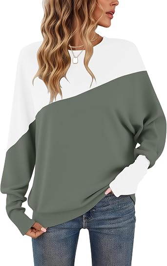 WNEEDU Long-Sleeved Shirt Women's ColorBlcok Batwing Sleeve Autumn Pullover