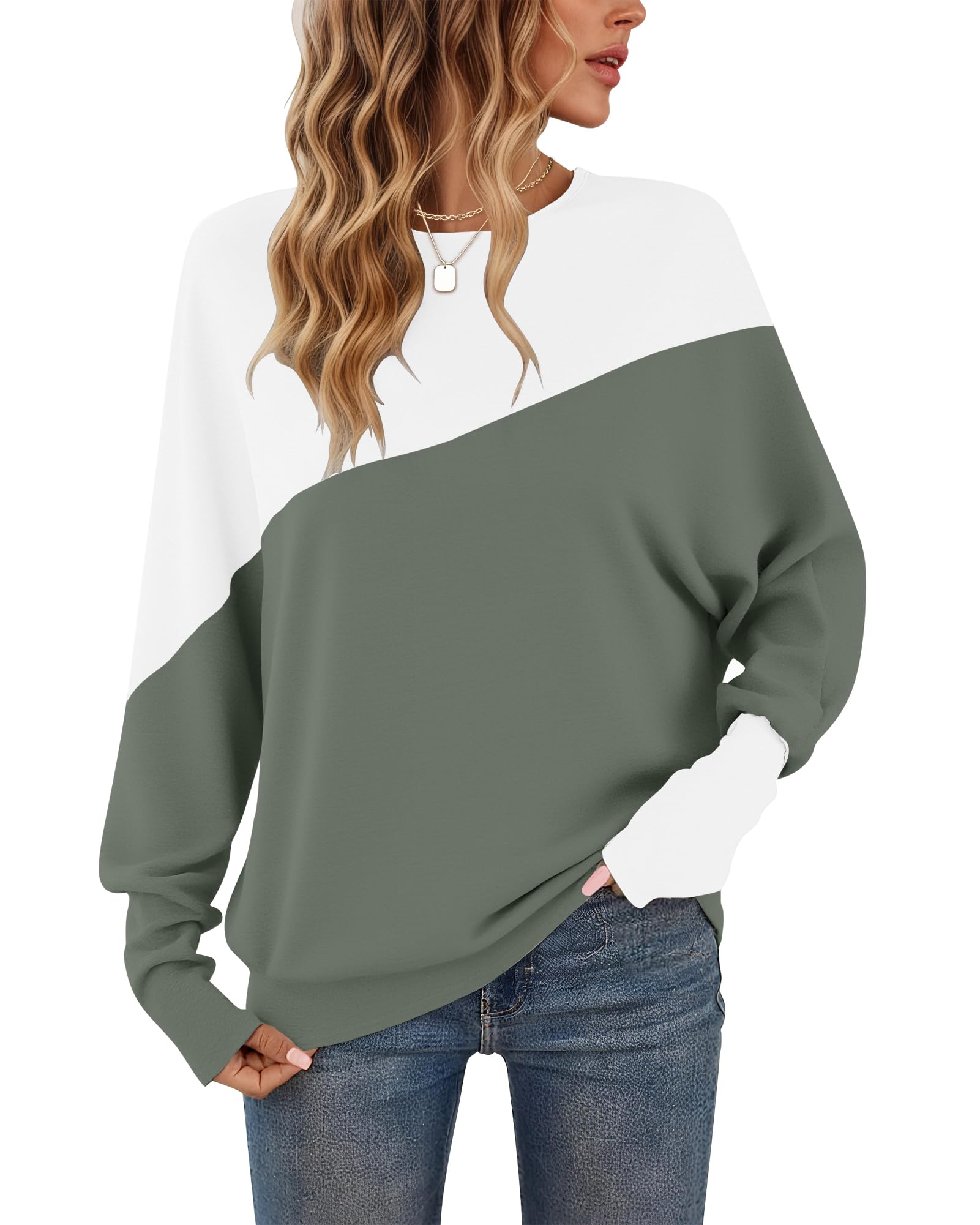 WNEEDU Langarmshirt Damen Rundhalsausschnitt Patchworkfarbe Herbst Sweatshirt Enge Manschetten Pullover Damen