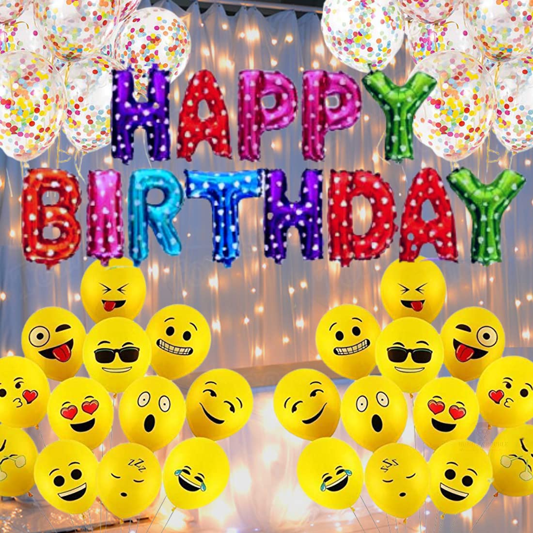 Bubble Trouble Happy Birthday Decoration Kit Combo Set Emoji Smiley Balloons Fairy LED Light Polka Dot Bday Foil Curtains Girls Boys Kids Home Party First 1 18 21 16 24 25 50 (Multicolor, Pack Of 58)