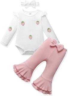 Vibebox Baby Girl Clothes Fall Winter Coming Home Outfits Preemie-12 Months | Newborn Preemie Girl Long Sleeve Ruffle Romper Tops Bell Bottom Pants, Infant Girls Fall Outfit Clothing Sets with Headband