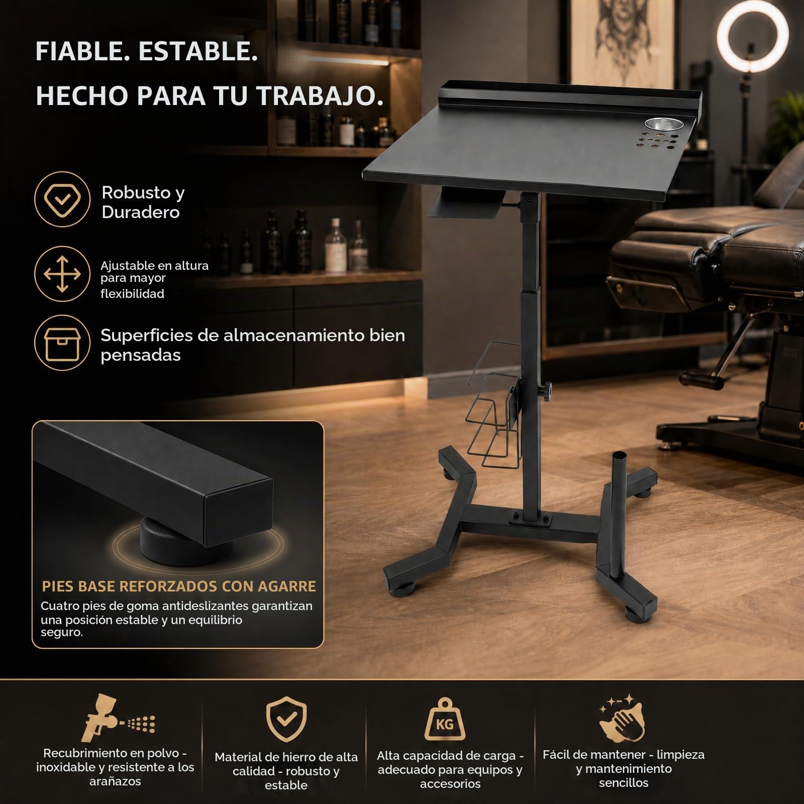 Estación de trabajo de tatuajes, bandeja de salón con ruedas con altura ajustable y almacenamiento multifuncional, ruedas de hierro para salones de peluquería, estudios de tatuaje, salones de