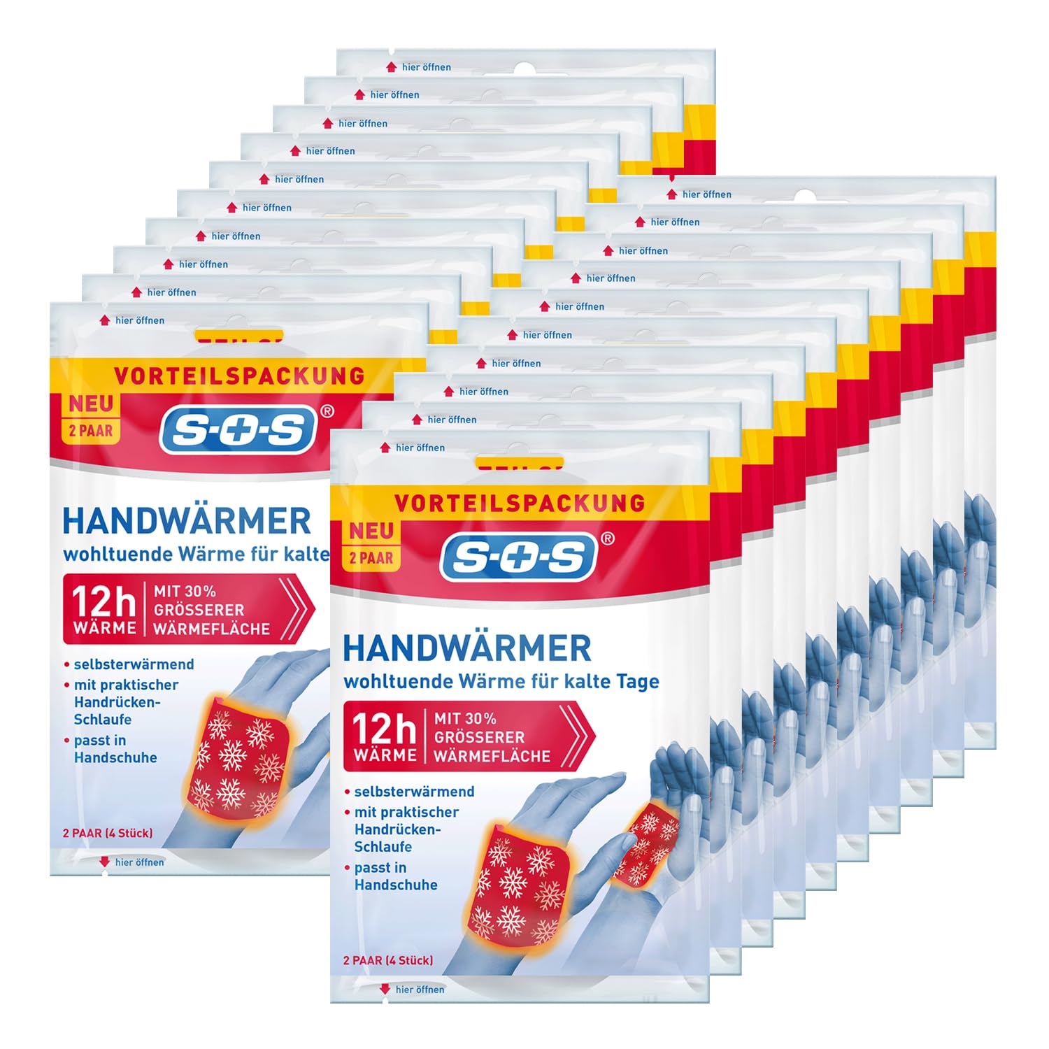 SOS Handwärmer – 20x 2 Paar (4 Stück) – Wärmepads zur Einmalanwendung – bis zu 12 Stunden Wärme – selbsterwärmend durch Sauerstoff – mit Handrückenschlaufe – ideal für Winter & Outdoor Drogerie & Körperpflege