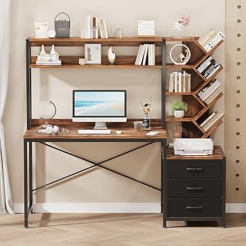 YOMILUVE 52" Computer Desk with Bookshelf, 3 Drawers & Hutch for Bedroom
