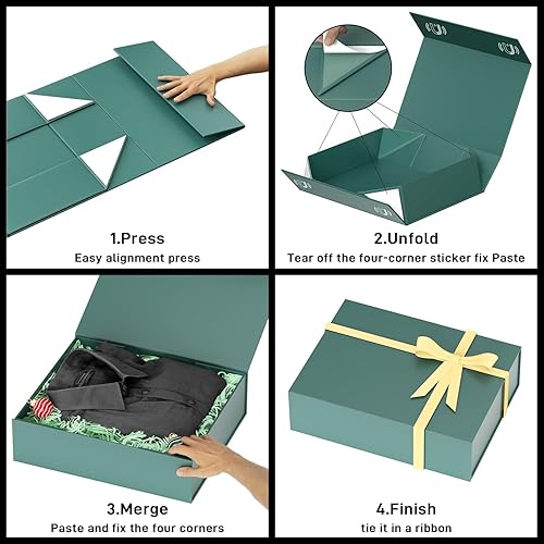 Miniatura 4 de Cajas de regalo con tapas, 11.5 x 7.8 x 3 pulgadas, caja de regalo verde bosque para regalos, cierre magnético para camisetas, guantes, bufandas,