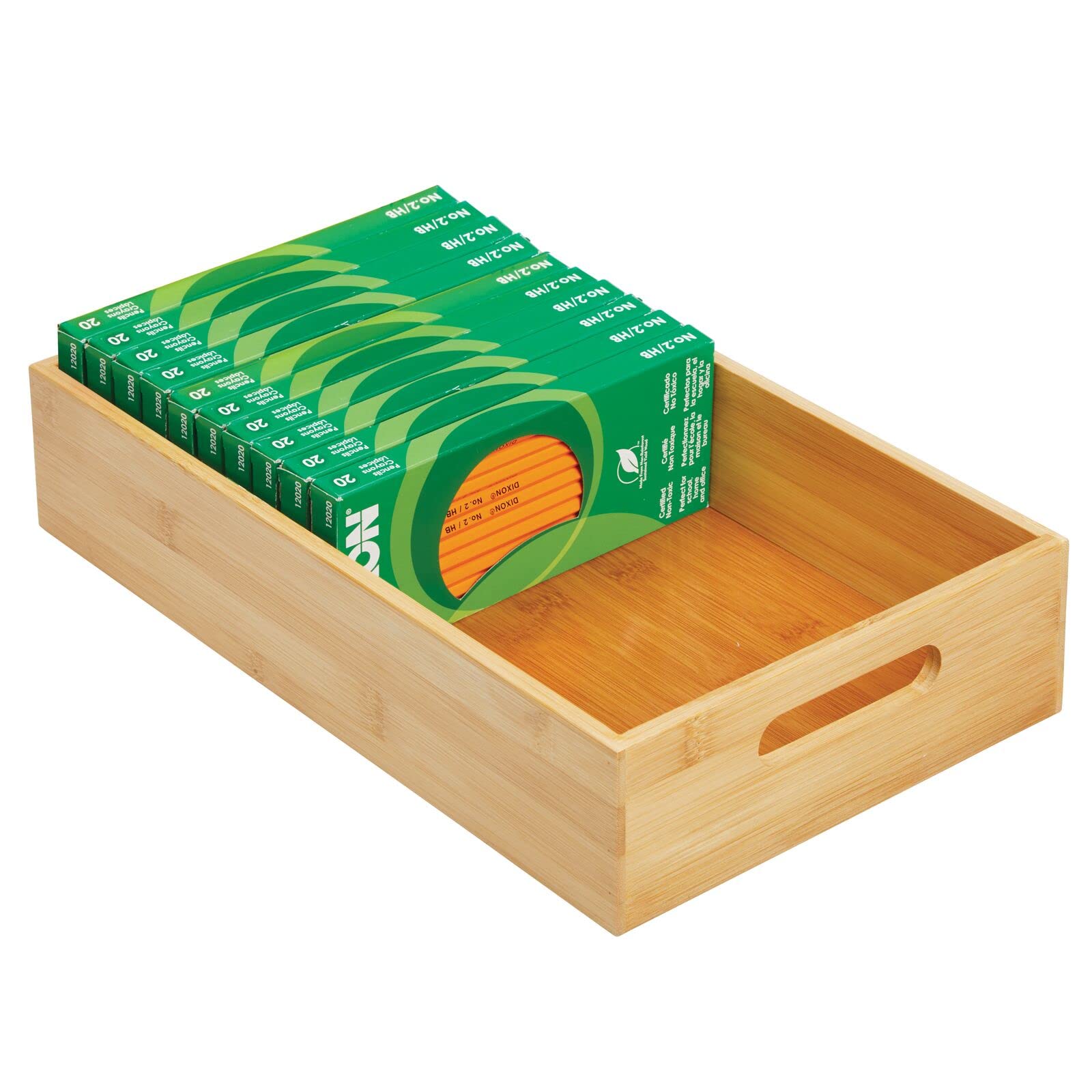 mDesign Slim Bamboo Office Desk Drawer Organizer Tray Bin with Handles - Eco-Friendly - Organizer for School Supplies, Pens, Pencils, Notepads, Staplers, Envelopes - 2 Pack - Natural Wood Finish