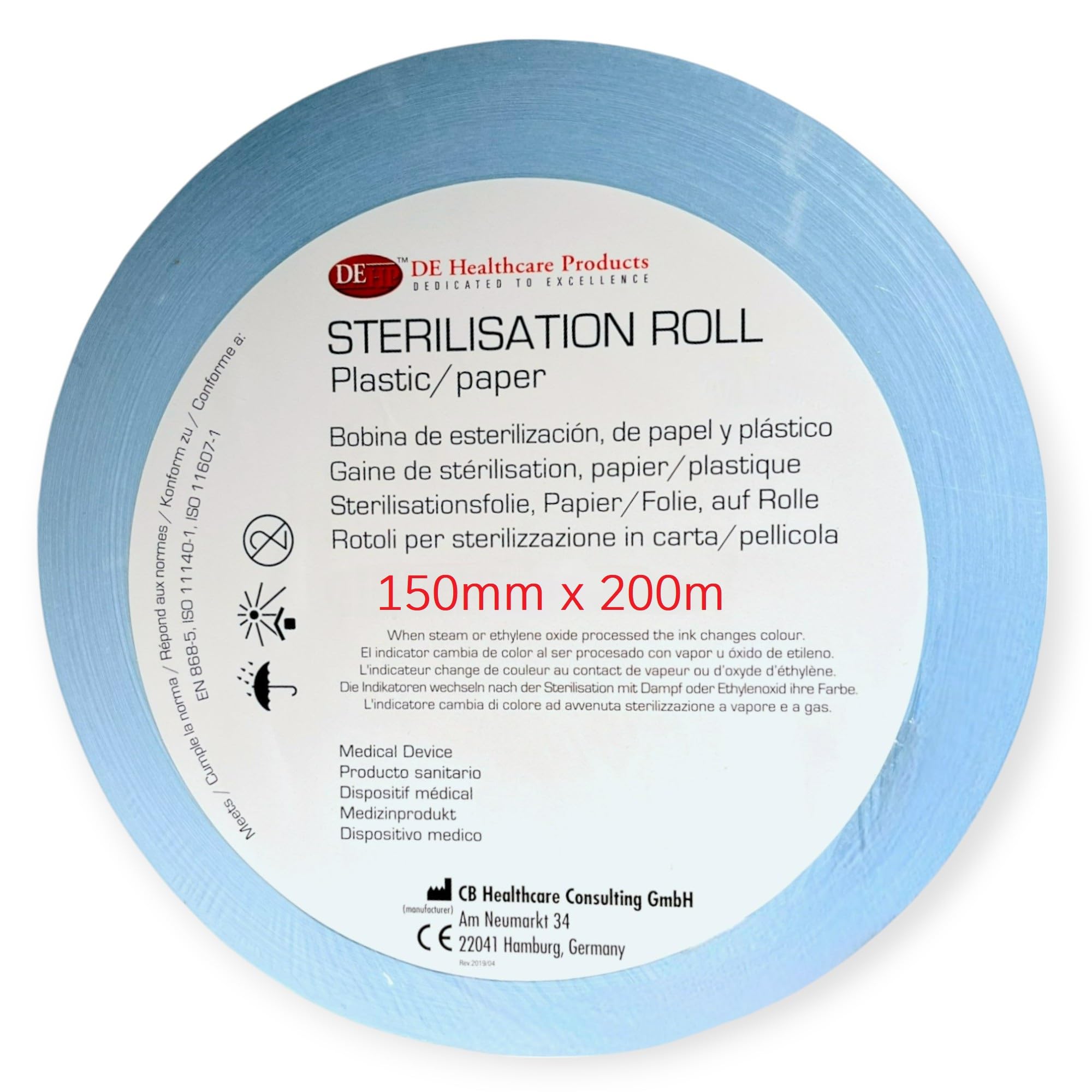 Sterilisationsfolie mit Indikator für Autoklaven 200m x 150mm, reißfest, latexfrei