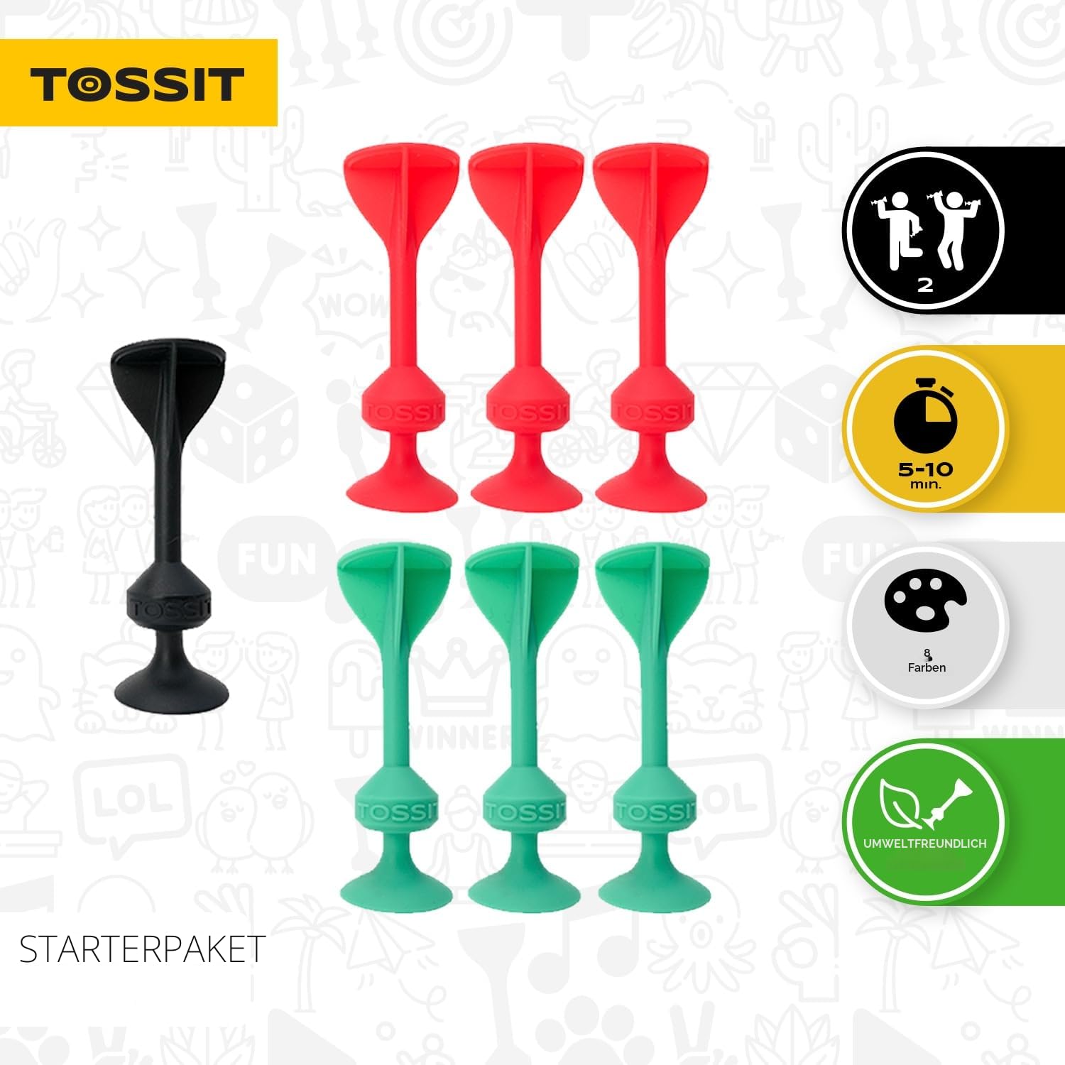 TOSSIT Spiel Saugnapf Darts, Indoor Outdoor Drinnen Draußen, Boccia, Petanque, Wurfspiel, Nachhaltig langlebig Silikon, Boden oder Wand, Starter Pack, Rot Cyan