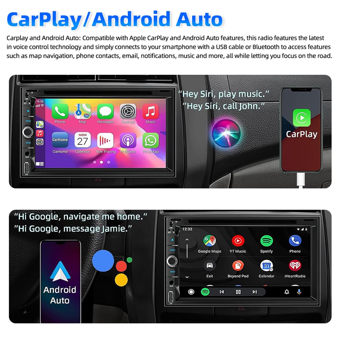 Stéréo de Voiture sans Fil CarPlay et Android Auto avec Lecteur CD/DVD, Écran Tactile Double Din de 6,95 Pouces Autoradio Prise en Charge du Lien Miroir Bluetooth AM/FM USB/TF/AUX