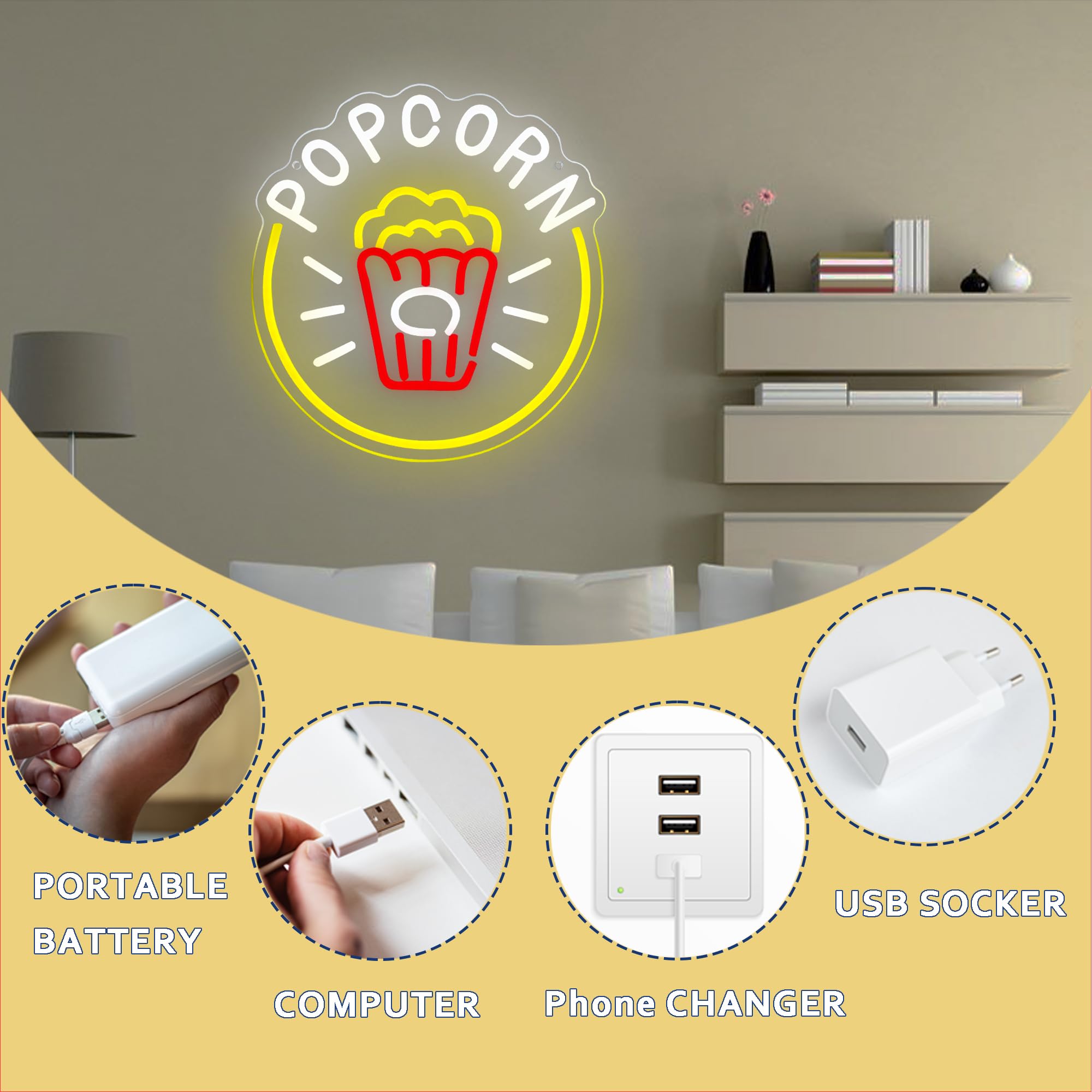 Insegna Al Neon LED Con Scatola Di Popcorn - Luce Dimmerabile USB Per Home Cinema, Decorazione Parete 31,8x38,9 Cm