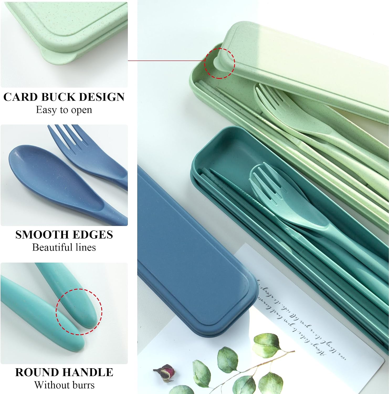 DISSKNIC Green Travel Utensils with Case, Reusable Utensil Sets for Lunch Box, Chopsticks Reusable Plastic Utensils Lunch Box Accessories for Adults,Portable Utensils Set with Case,Camping Accessories image 4