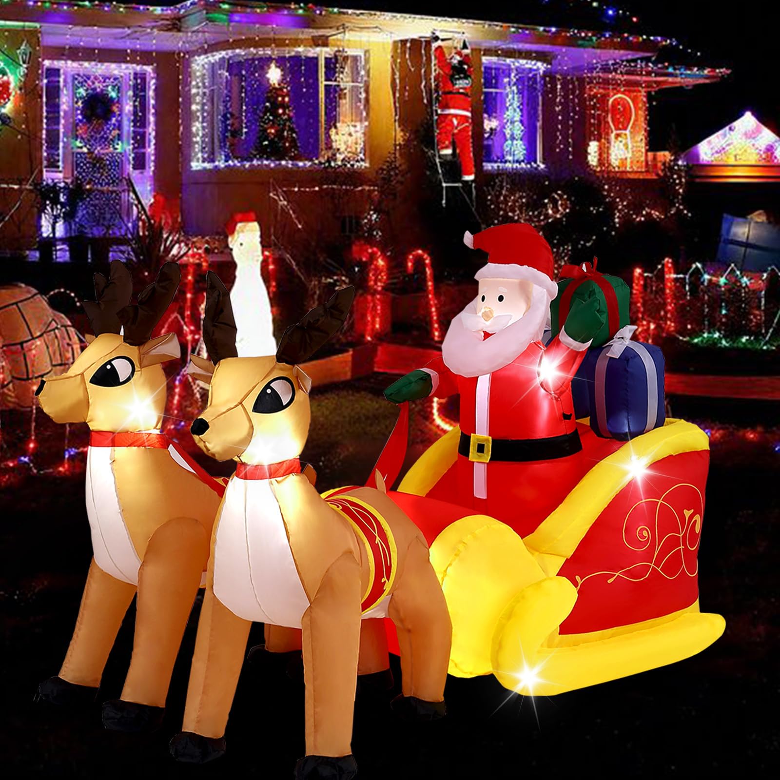 OHMG 220 cm Papá Noel inflable con trineo y renos con 5 luces LED integradas, autoinflable eléctrica, decoración navideña interior y exterior, impermeable, para césped jardín