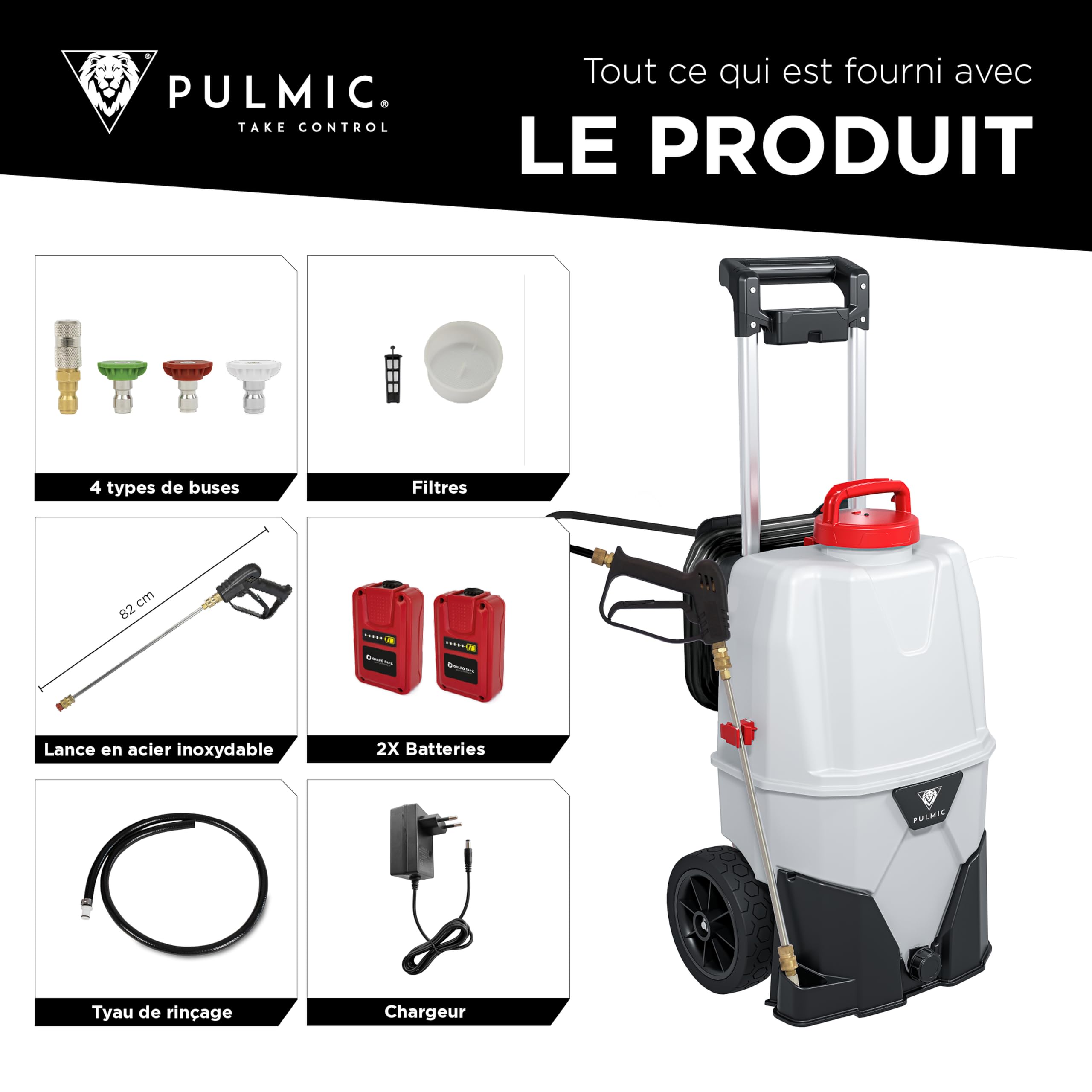 PULMIC TAKE CONTROL Pulvérisateur électrique industriel 35 l'application de désinfectants et de dégraissants. 35L. 7 Bar. jusqu'à 3hrs d'autonomie,2 batteries au lithium amovible,Accessoires inclus