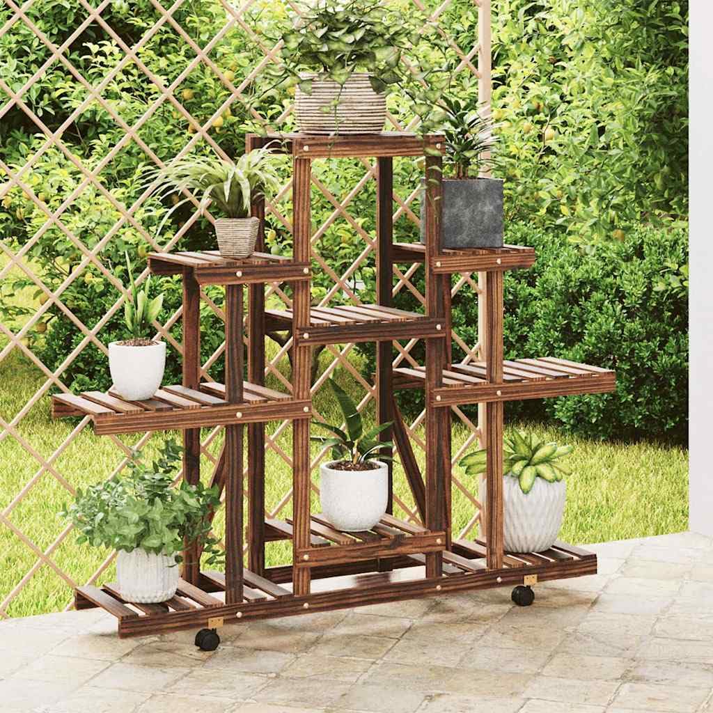 Pflanzenregal mit Rollen 110x25x101 cm Blumenständer aus Tannenholz Mehrstöckige Blumentreppe für Indoor Wohnzimmer Balkon und Terrasse Karbonisiert Braun