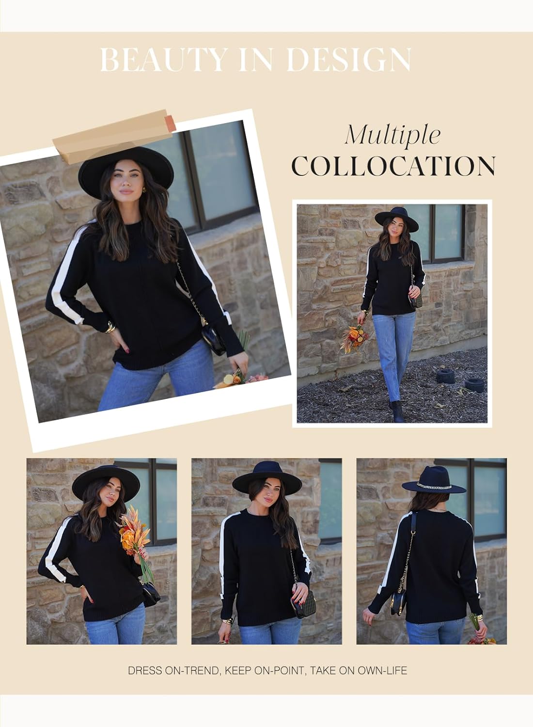 Dokotoo Womens Fall Sweaters Casual Long Sleeve Crewneck Color Block Pullover Knit Tops - Image 4