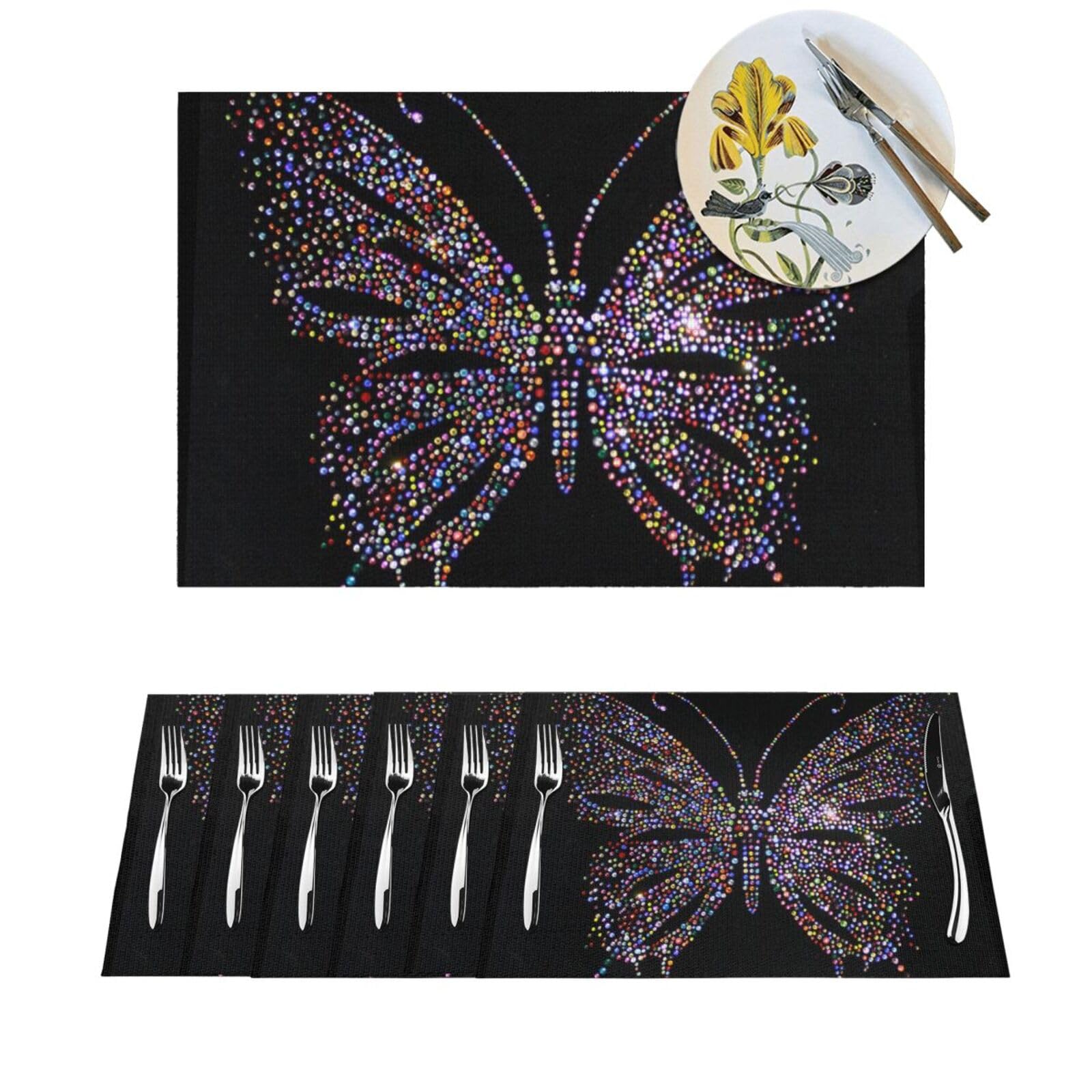 Sets de table tissés anti-tache et chaleur avec papillon strass pour table de salle à manger