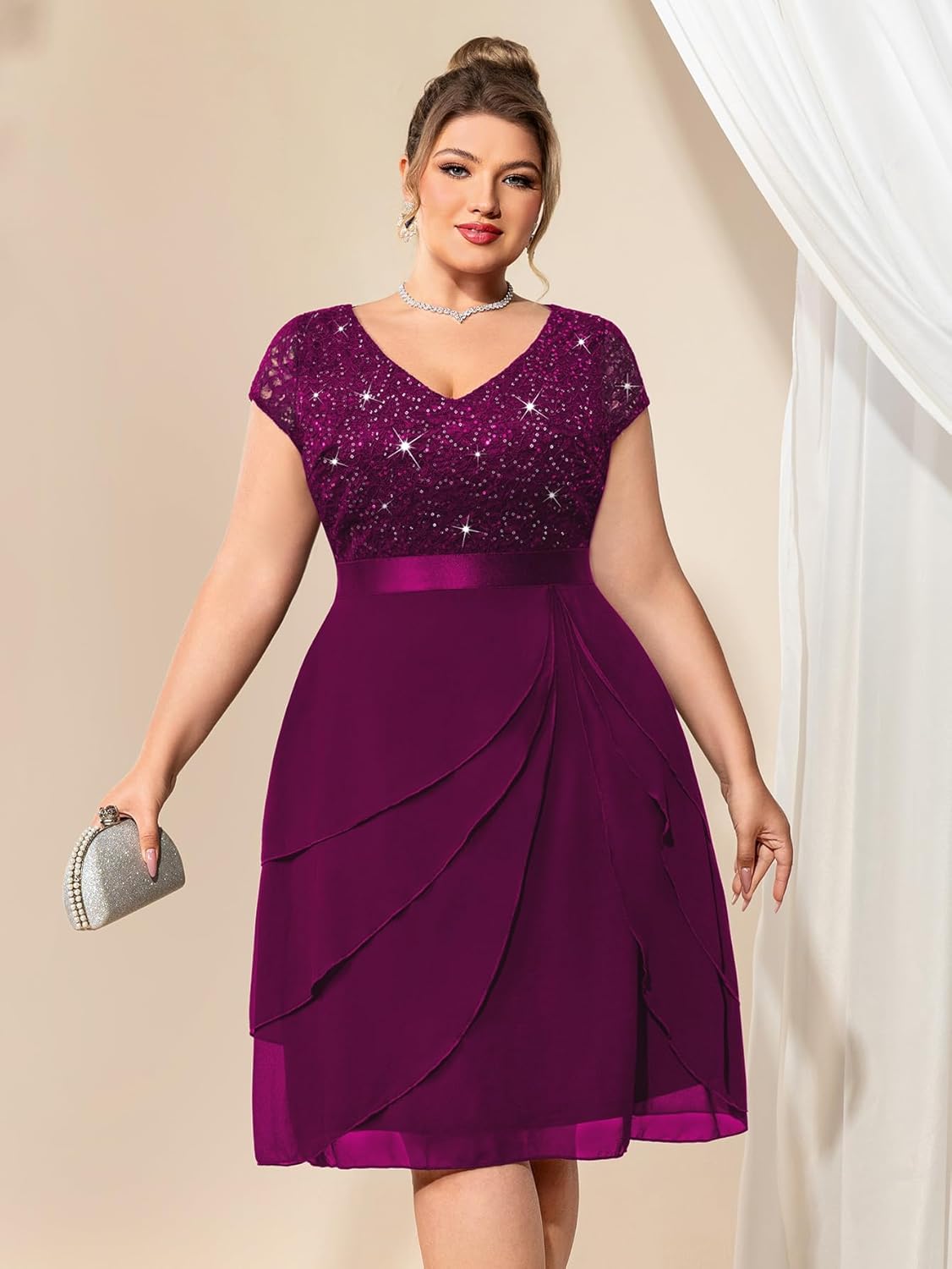Miusol Women's Plus Size Sequin Lace V Neck Ruffle Tiered Chiffon Cocktail Party Dress
