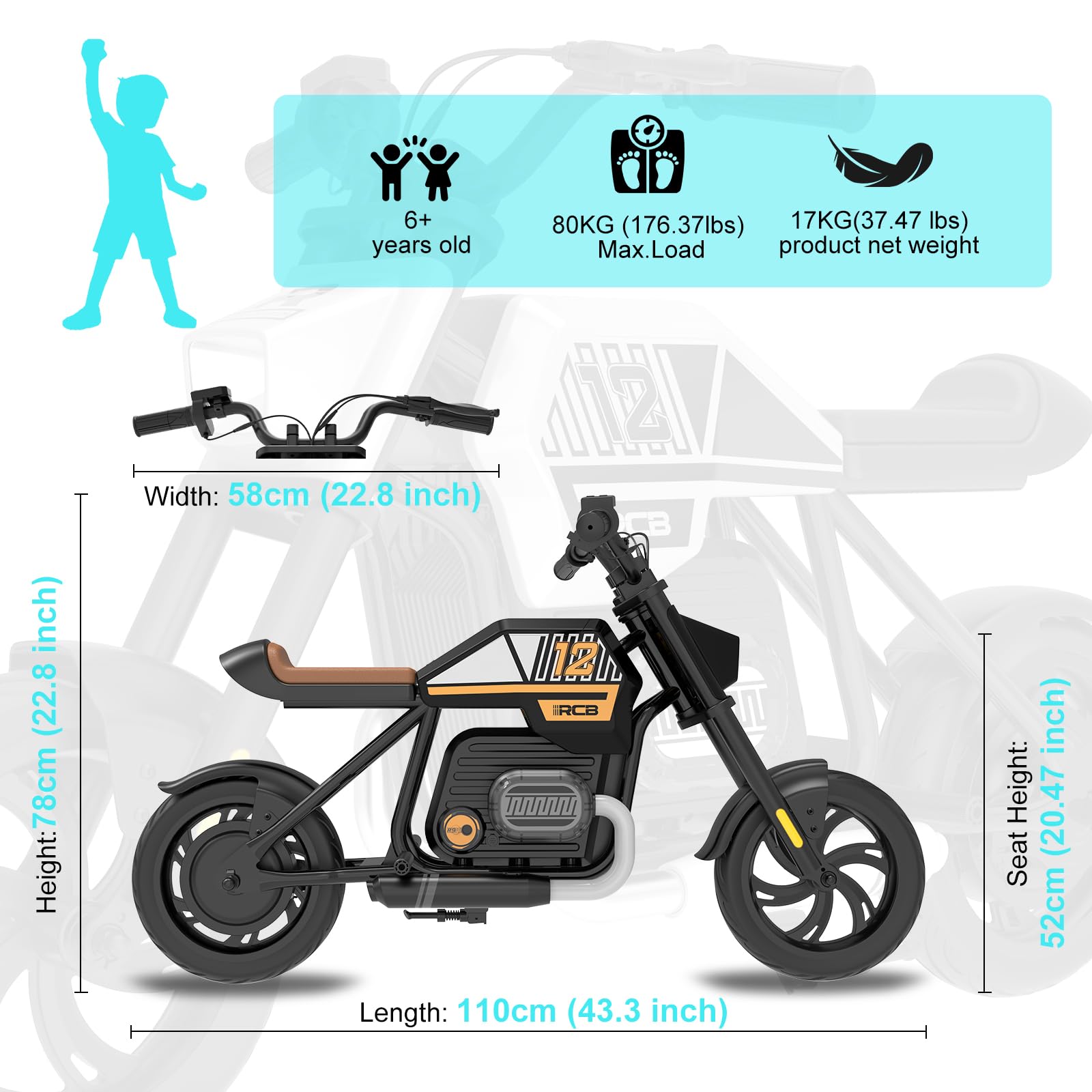 RCB R9 Kinder-Elektromotorrad, Elektro Motorrad mit Lautsprecher, 10/15/25KMH&15KM Reichweite, Stimmungsbeleuchtung, 12-Zoll-Luftreifen für Kinder 6+ Jahren