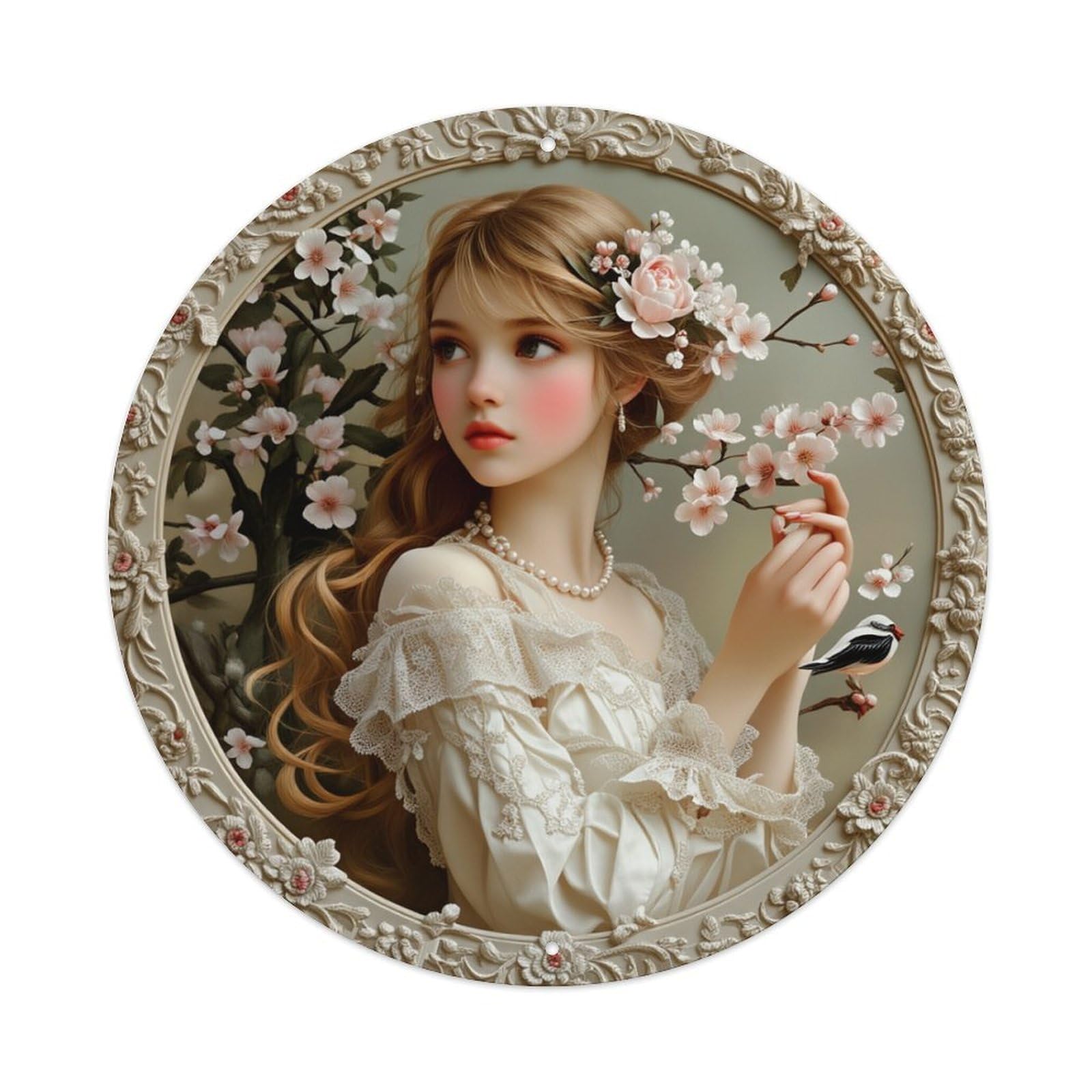 Floral Cherry Blossom Girl Portrait Round Tin Sign Retro Metal Sign for Cafe Bar Pub Home Game Room Gym Club Wall Decoration Vintage Metal Poster 8x8 Inch