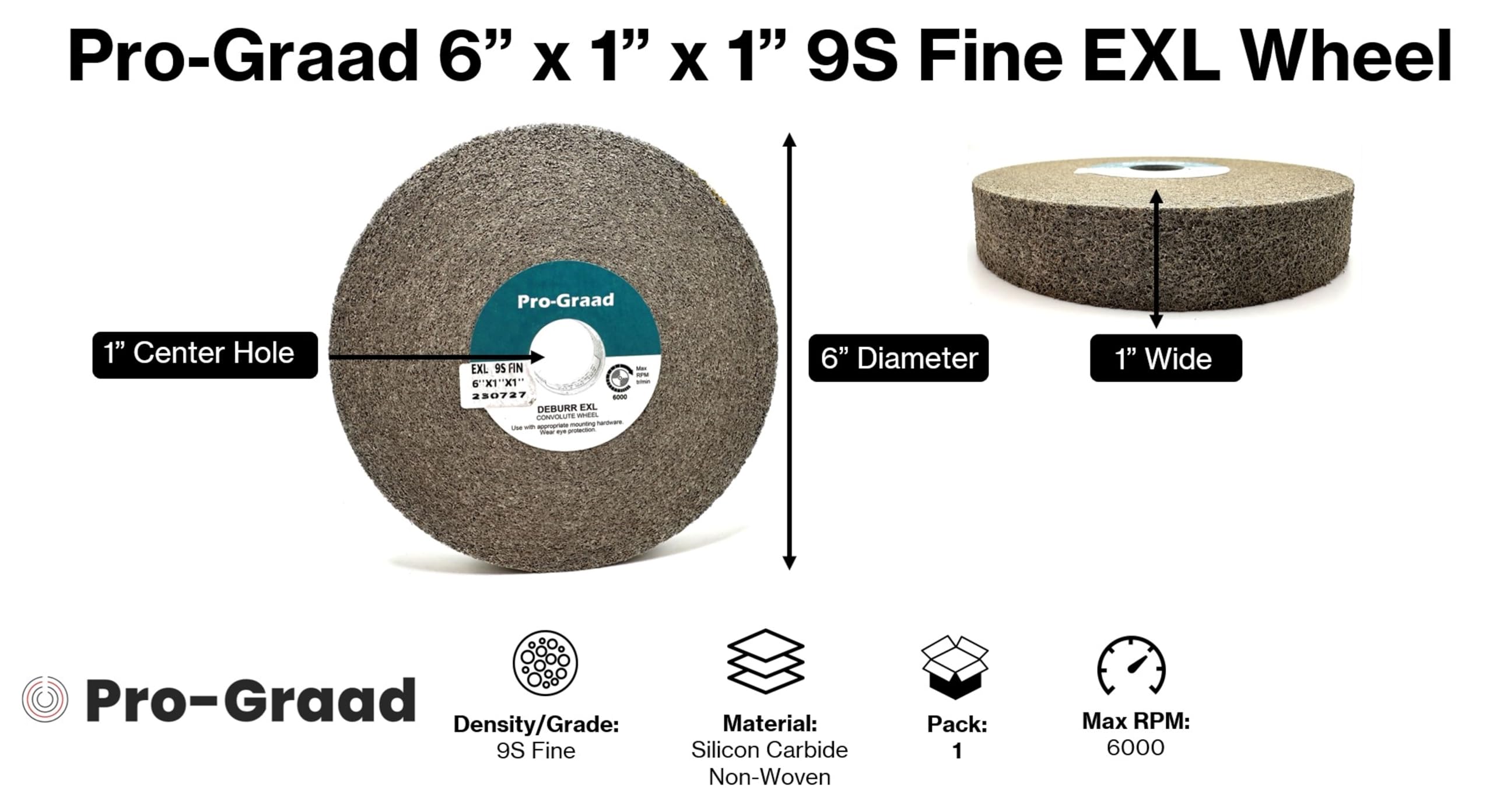 EXL - Rueda de desbarbado, 6 x 1 x 1 pulgada, grano fino 9S, carburo de silicio, rueda de desbarbado, acabado y pulido de metal, contorneada, 05132 (paquete de 1)