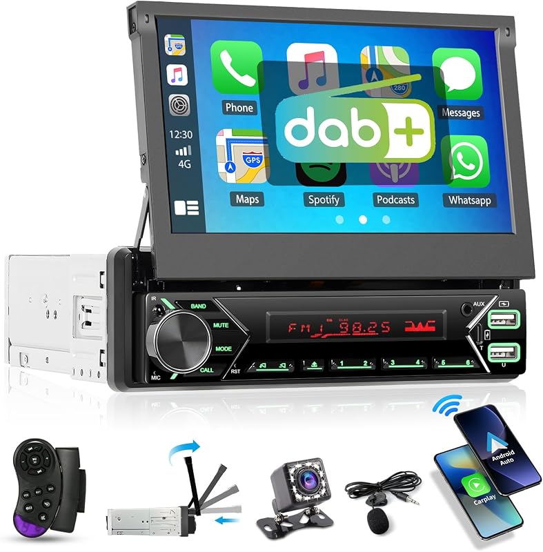 Hikity 1 DIN DAB Autórádió 7" Kihajtható Érintőképernyő Carplay Android Bluetooth