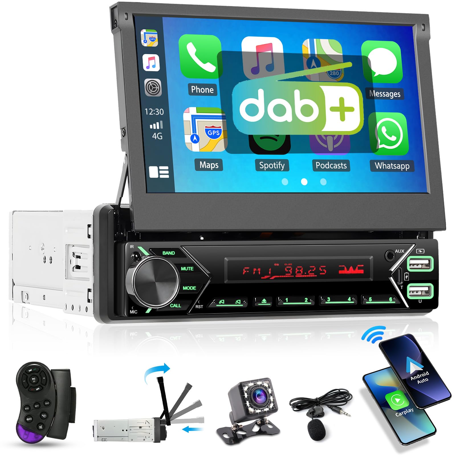Hikity 1 DIN FM Dab/Dab+ Autorradio con Wireless Carplay Android Auto | HD 7 Pulgadas con Bluetooth Retroiluminación Multicolor Cámara de Marcha Atrás Grabador de Vídeo Digital EQ USB AUX