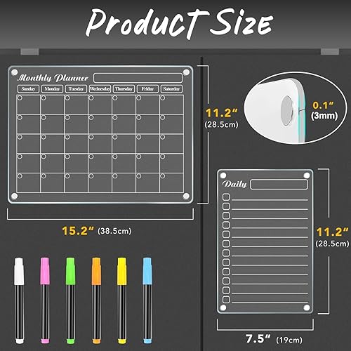 Miniatura 3 de DIYMAG Calendario magnético acrílico de borrado en seco para nevera, juego de tablero de planificación de calendario acrílico transparente,