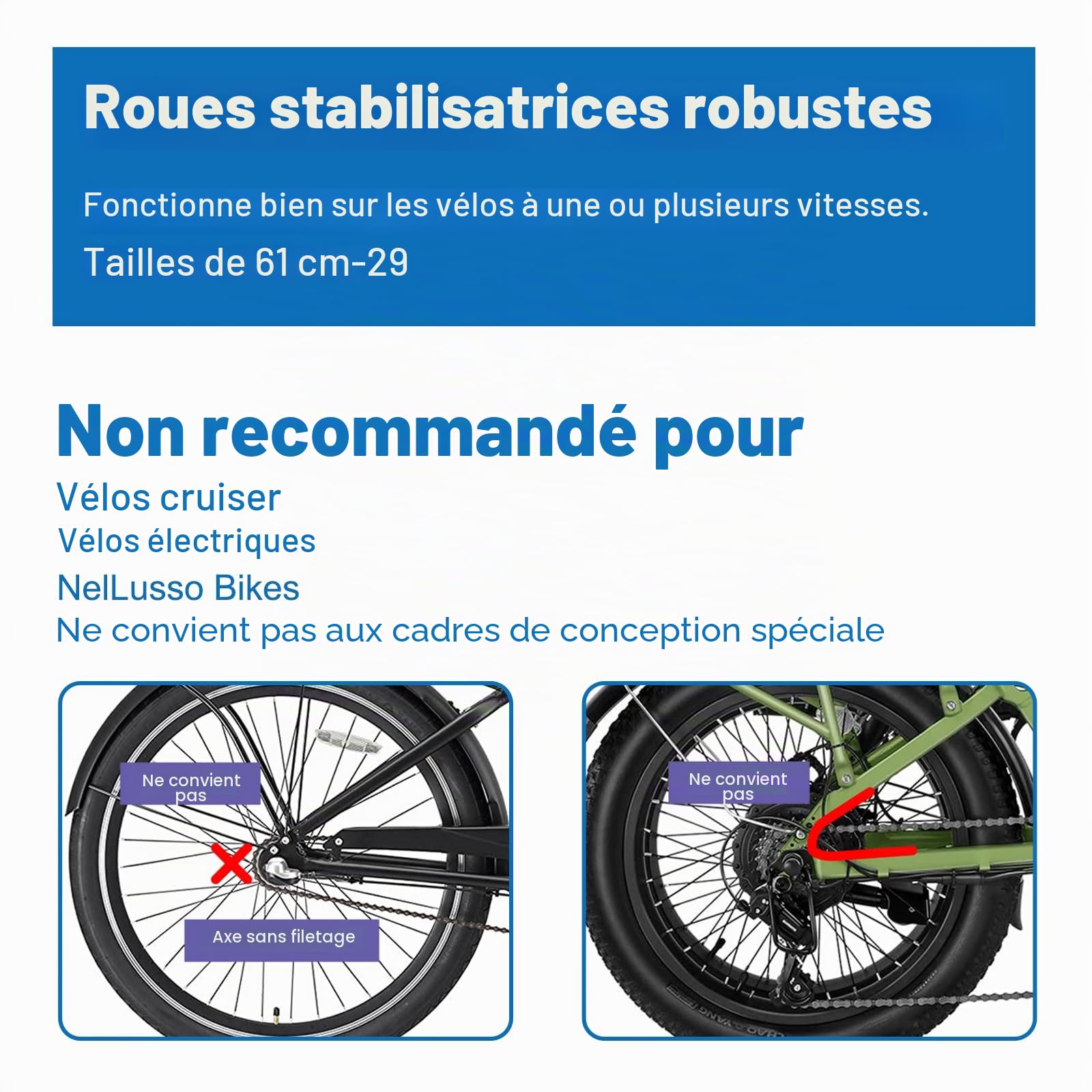 MOSHAY Roue de vélo pour adulte - Convient pour les roues de vélo épaisses de moins de 300 livres - 24 26 28 29 pouces - Acier inoxydable haute performance (noir)
