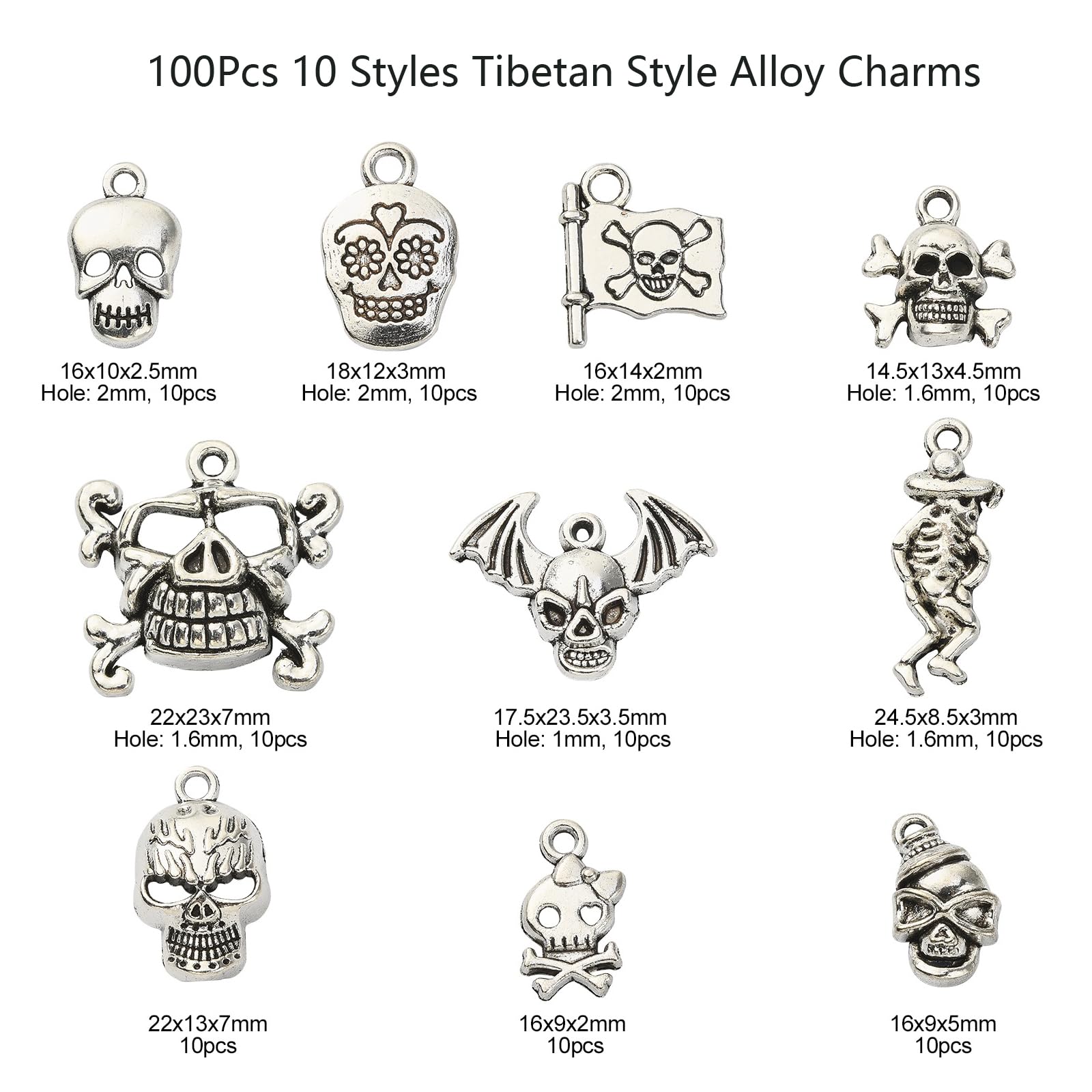 Stiesy 100Pcs 10 Styles Antique Silver Tibetan Style Skeleton Charms - Vintage Gothic Skull for DIY Halloween Jewellery Making Crafts - Image 2