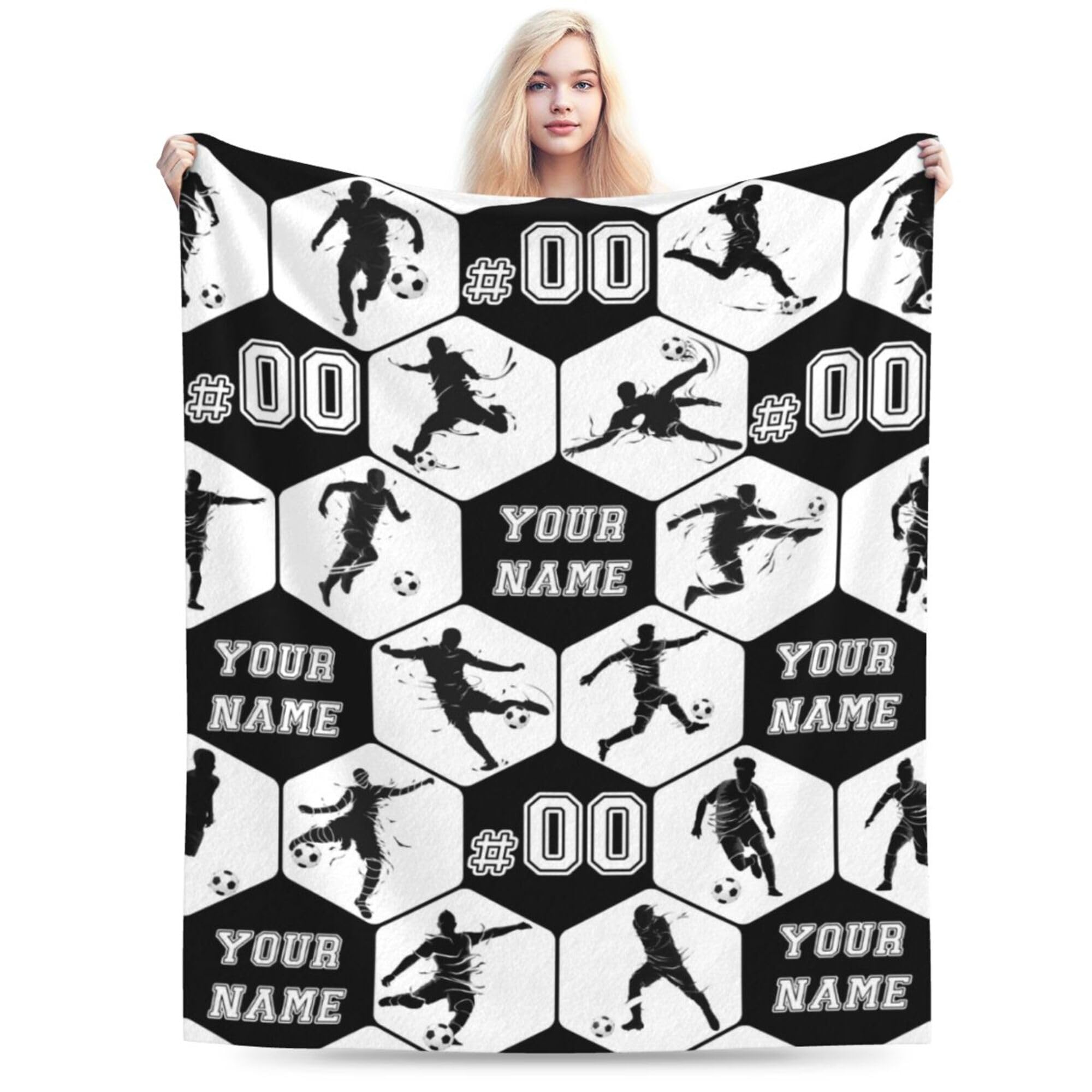 Homieblanket Custom Soccer Blanket with Name No. for Women Men, Personalized Cool Soccer Themed Design Printed Throw Blankets for Teens Adults Lap, Chair Sofa, Giftable Blanket, 50