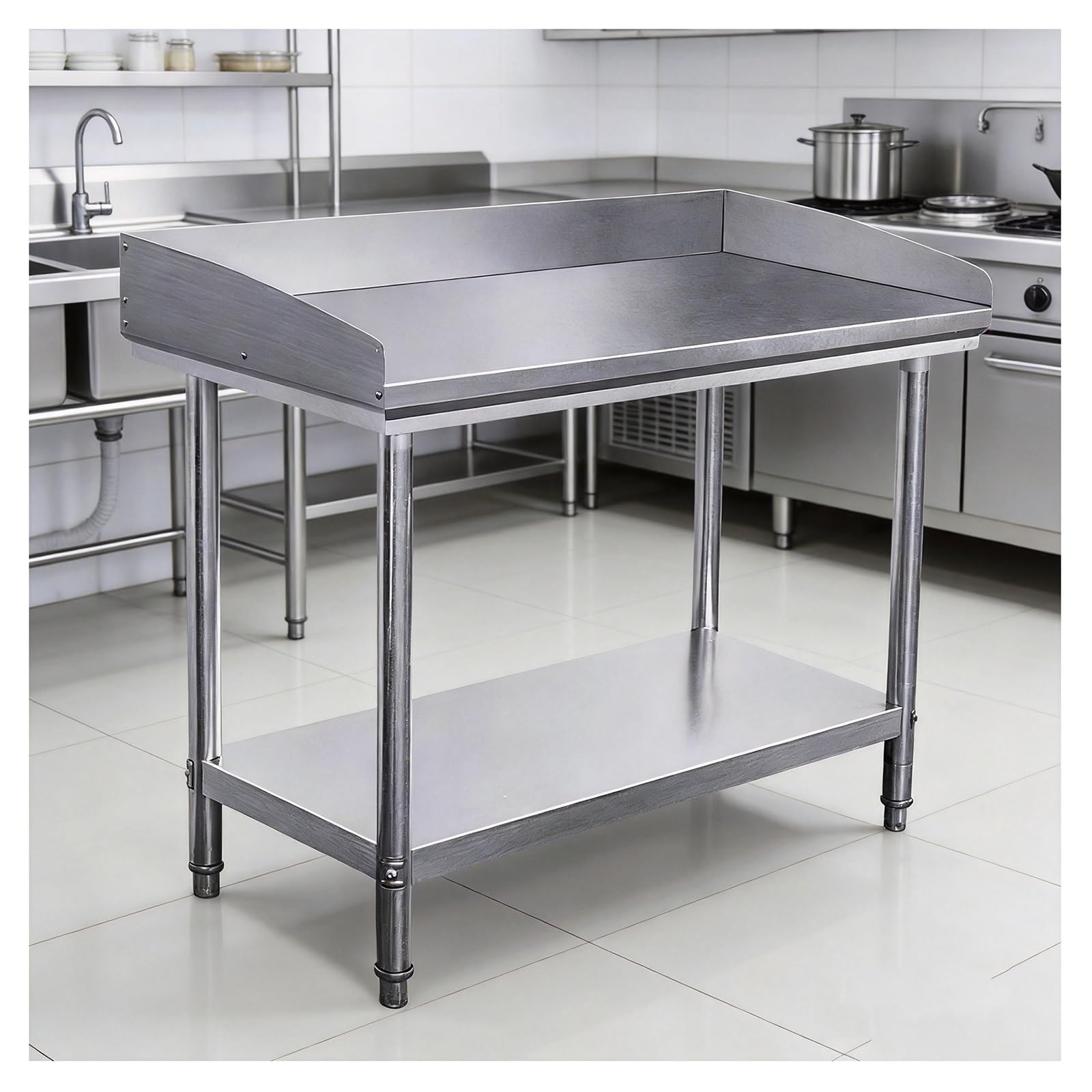 Tavolo da Cucina a 2 Ripiani con 3 Sponde Laterali Angoli Arrotondati Assemblaggio con Viti Tavolo da Lavoro Acciaio Inossidabile con Rinforzo Triangolare Piedini Regolabili Facile da Riporre Ripiano
