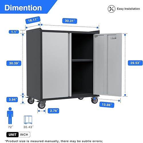 Miniatura 3 de SUXXAN Armario de garaje con ruedas de metal con 2 puertas, armario de almacenamiento de metal rodante con un estante ajustable para garaje,