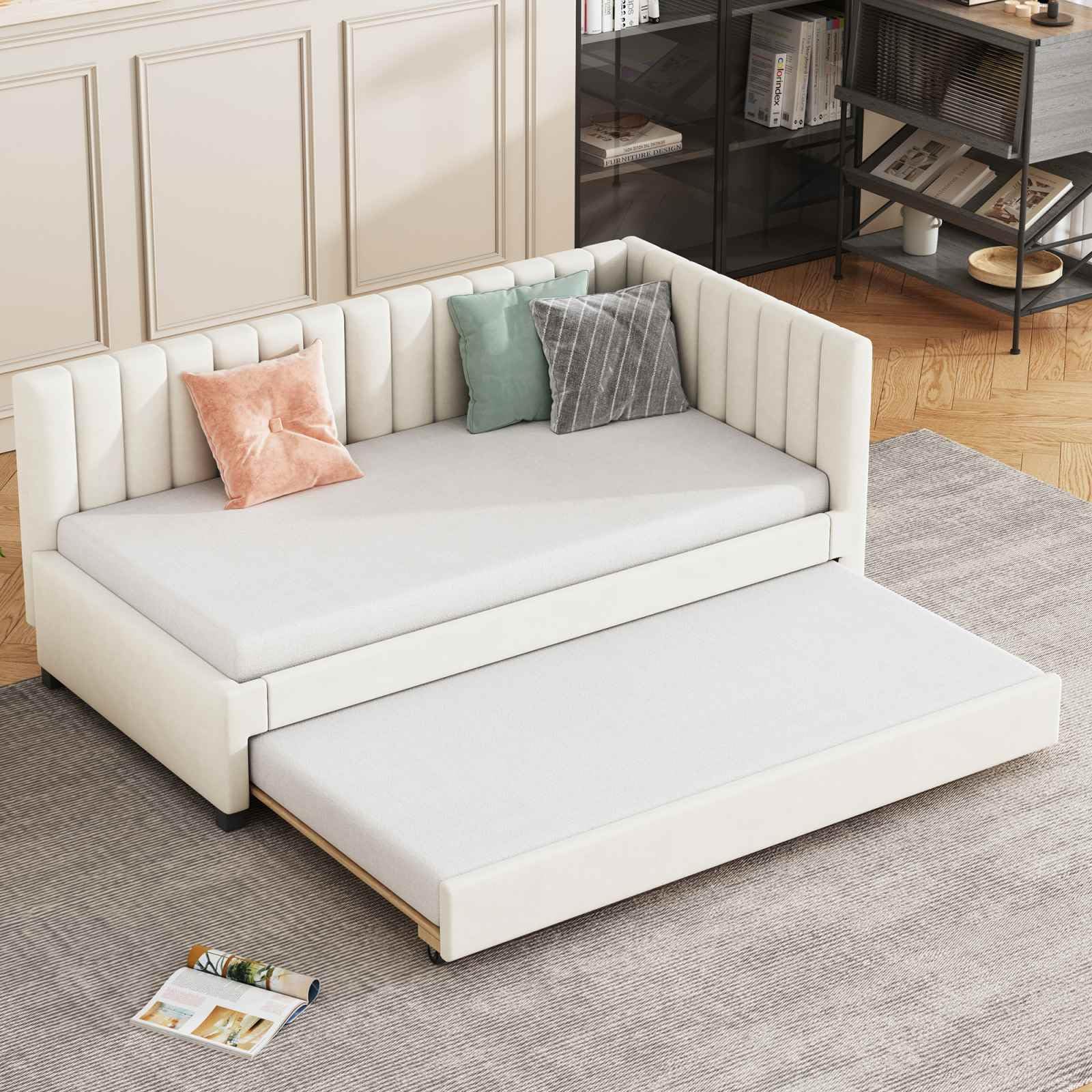 KOMHTOM Lit Gigogne Moderne et Minimaliste Escamotable avec Sommier à Lattes et Tête de Lit, Beige/Gris Tapissé Une Personne 90x200 (Beige)