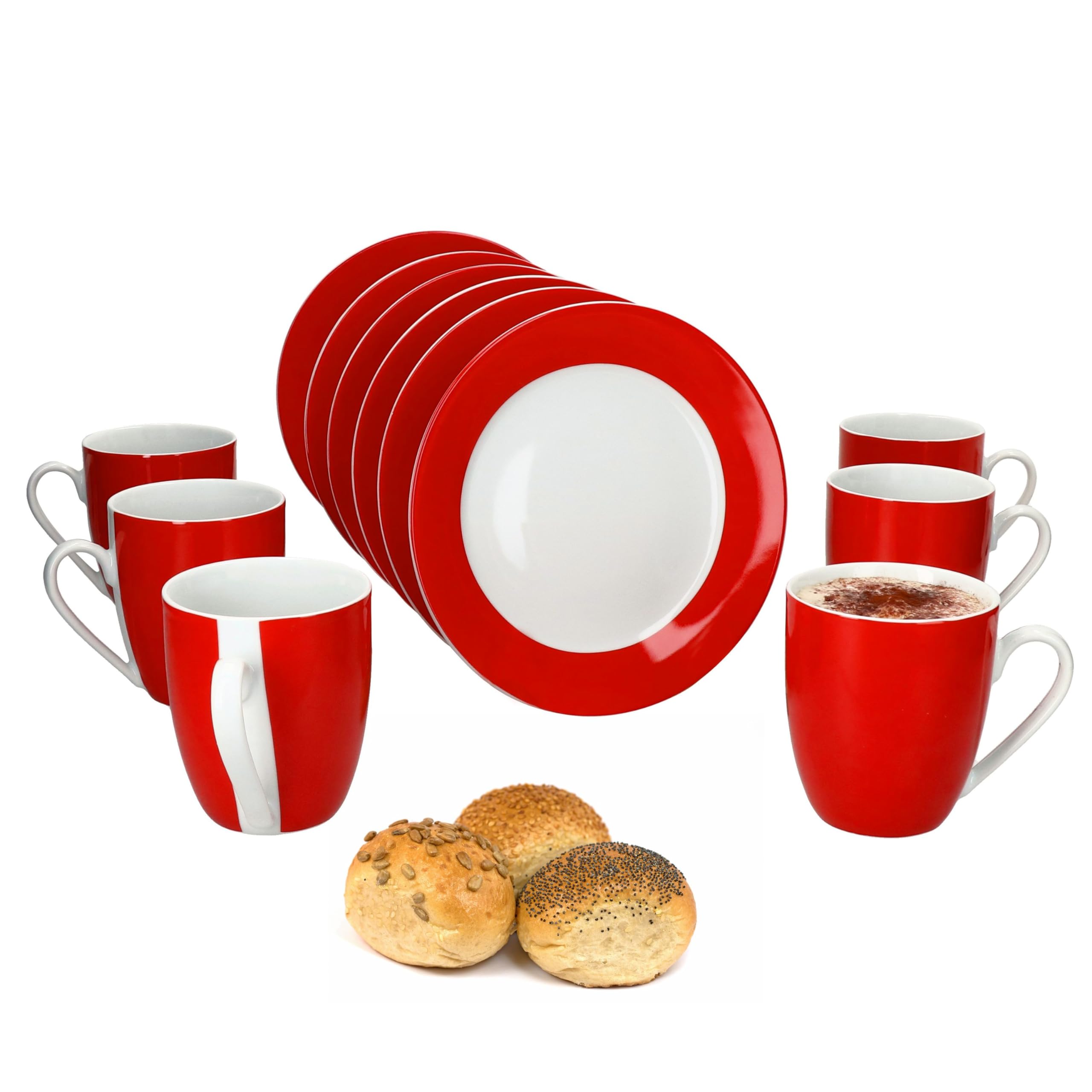 MamboCat Variant Rot 12tlg Frühstücksset I Je 6X kleine Teller & Kaffeebecher 350ml, Höhe 10,3cm für 6 Personen I Tasse, Kuchenteller I Porzellan-Geschirr für Frühstücks- & Kaffeezeit