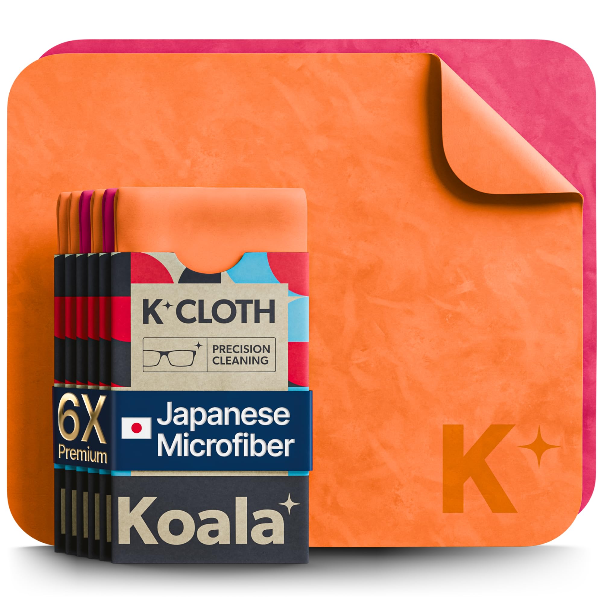Koala Lens Cleaning Cloth | Japanese Microfiber | Glasses Cleaning Cloths | Eyeglass Lens Cleaner | Eyeglasses, Camera, VR/AR Headset, and Screen Cleaner | Pink & Orange (Pack of 6)