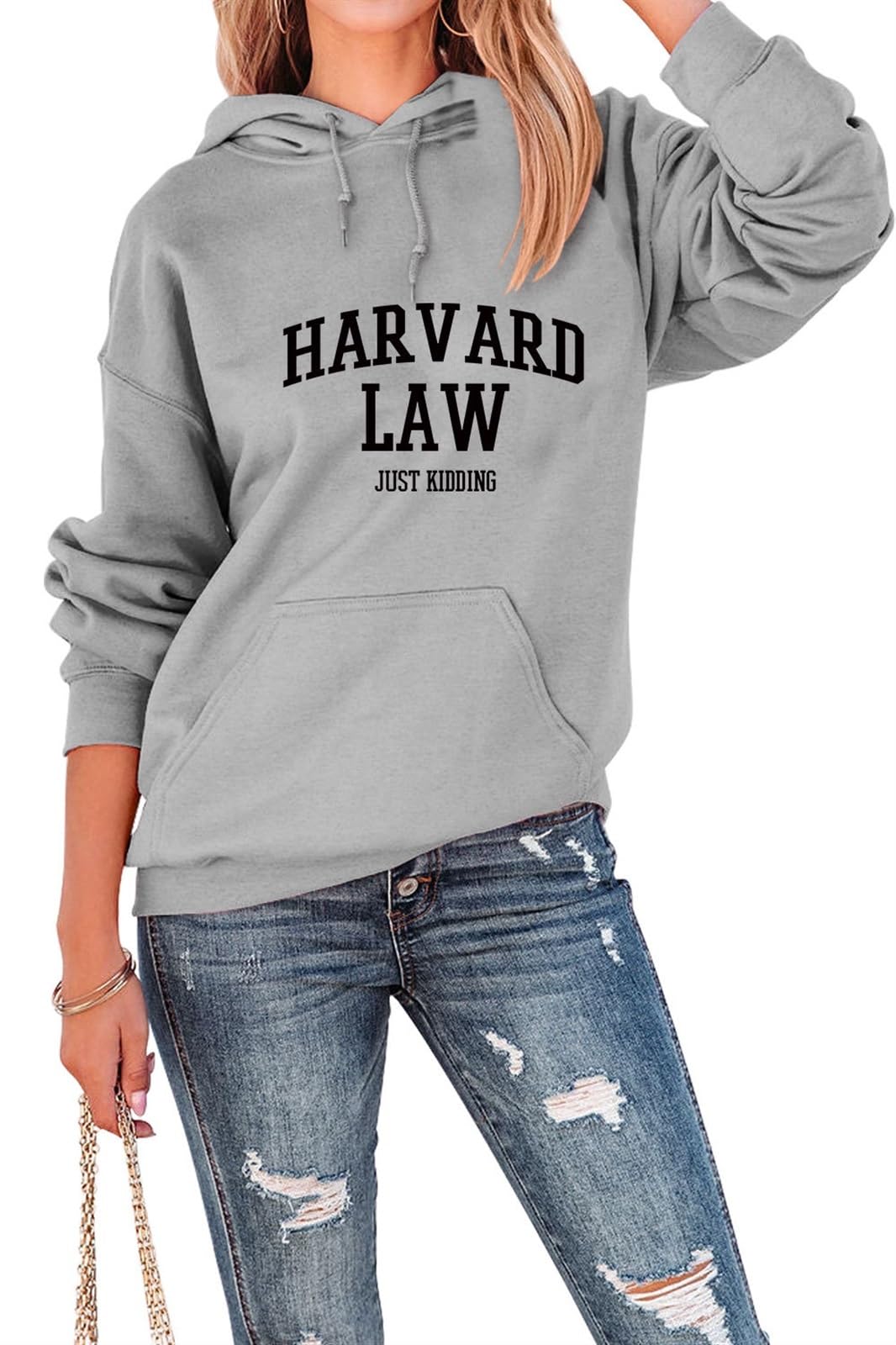Harvard Law Just Kidding Hoodie Women's Round Neck College Humor School Uniform Campus Sweatshirt (Color : Gray, Size : M)