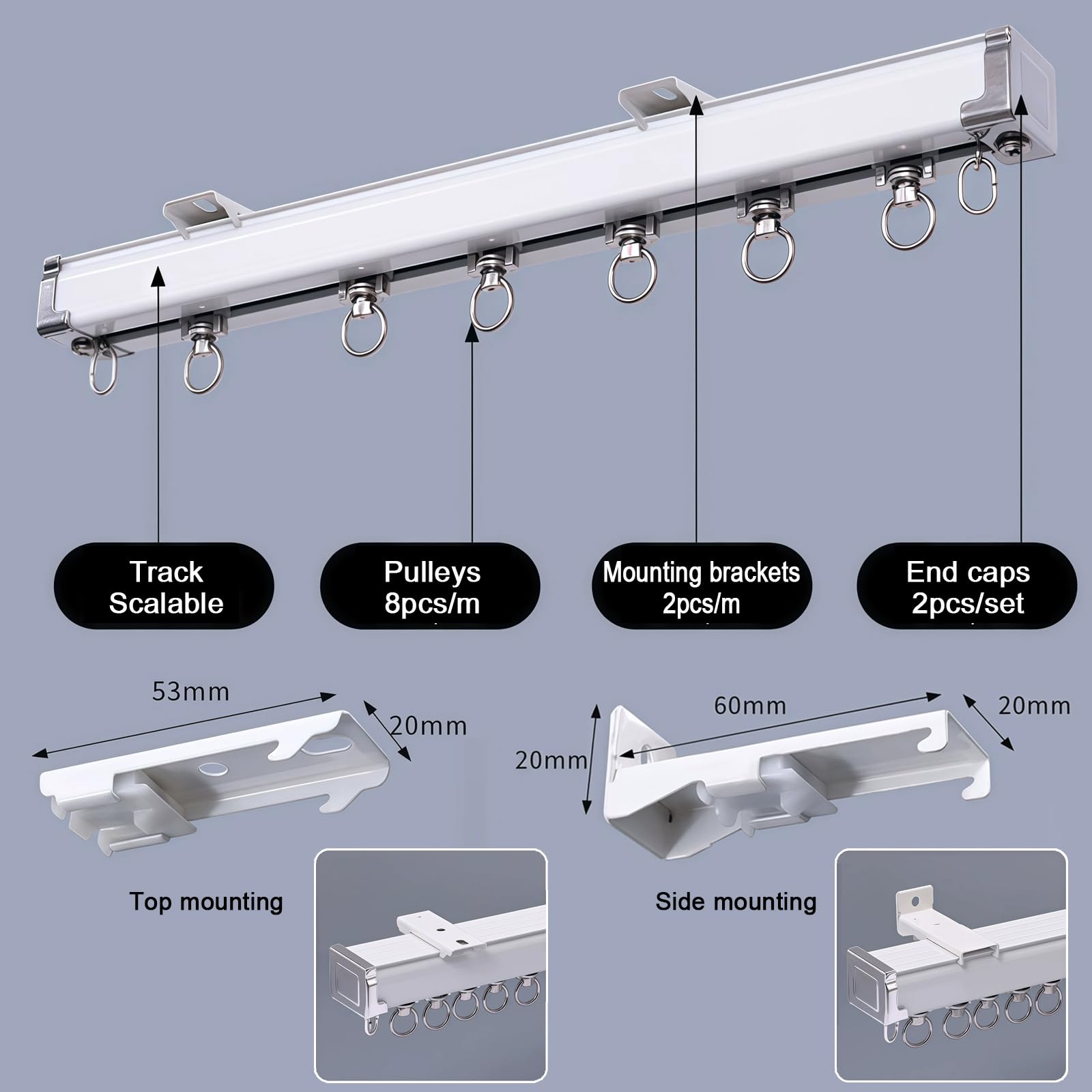 Rail de Rideau de Plafond en Aluminium Roulettes Silencieuses,pour Fenêtres (5.5m)