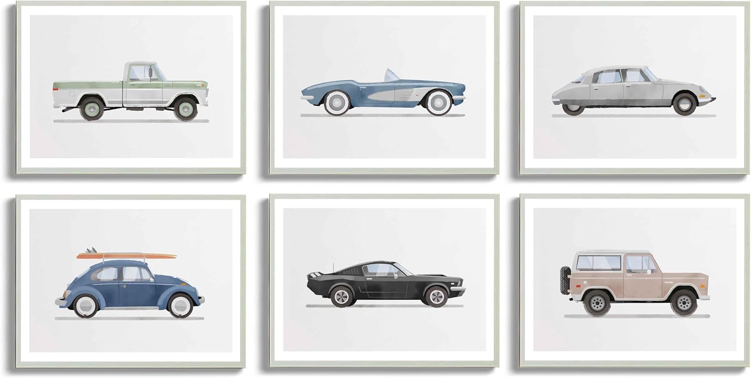 ZLYARTMP 6 piezas de arte de pared de coche de guardería, cuadros de lona vintage de carreras para habitación de bebé, superautos, decoración de