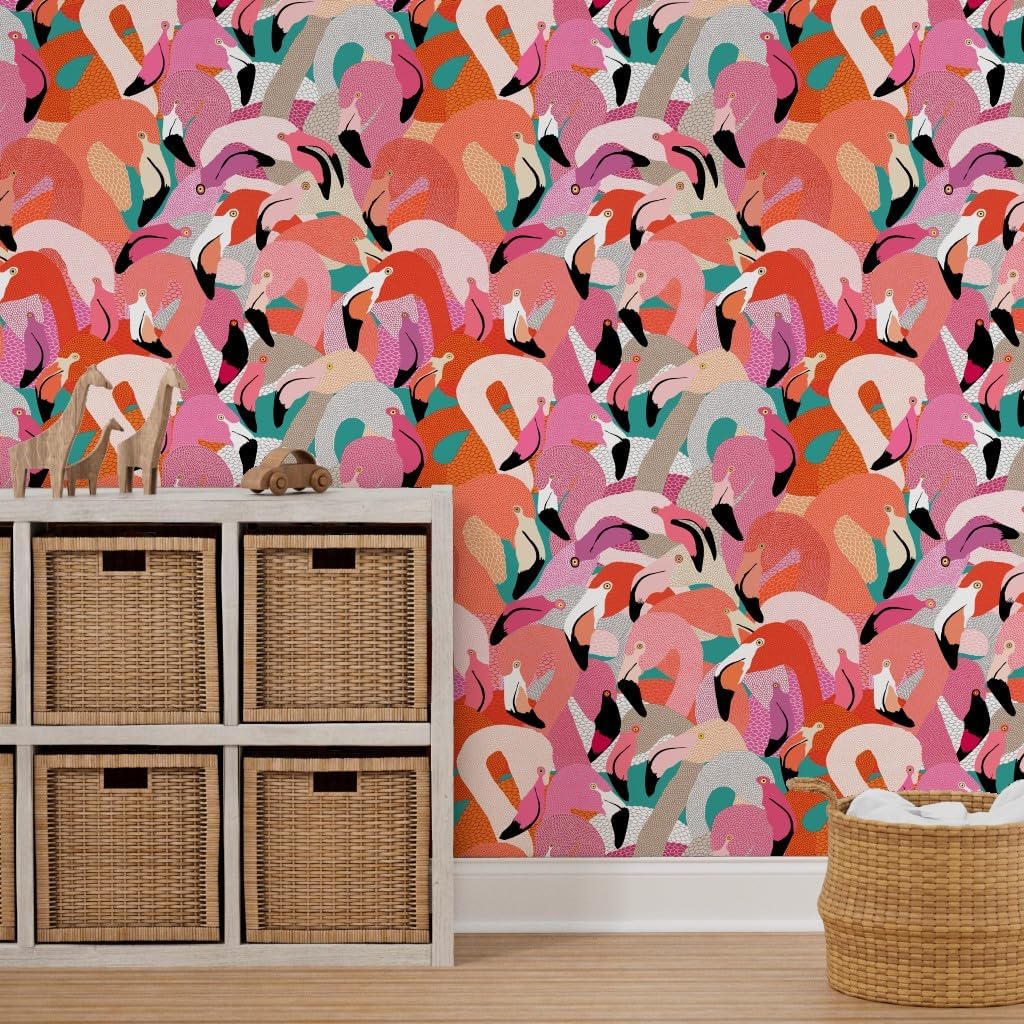 Peel & Stick Wallpaper 3ft x 2ft - Orange Pink Large Flamingo Bird Feathers Tropical Florida Coastal Collage Illustration Beach House Custom Removable Wallpaper by Spoonflower