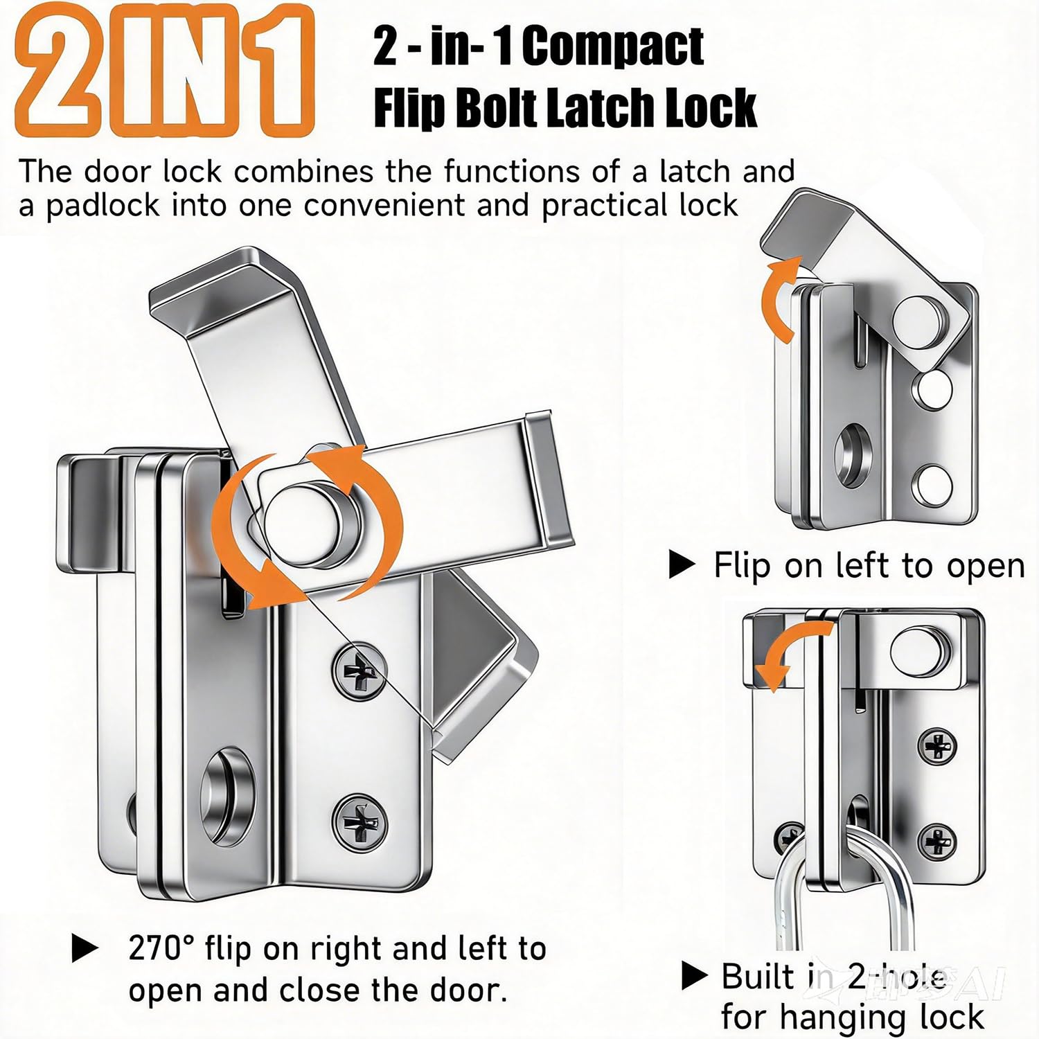 Chiavistello per porta con serratura in acciaio inox con lucchetto, foro di chiusura della porta, per porte in legno, armadio da giardino, aperto a destra (Argento, L: 52 x 62)