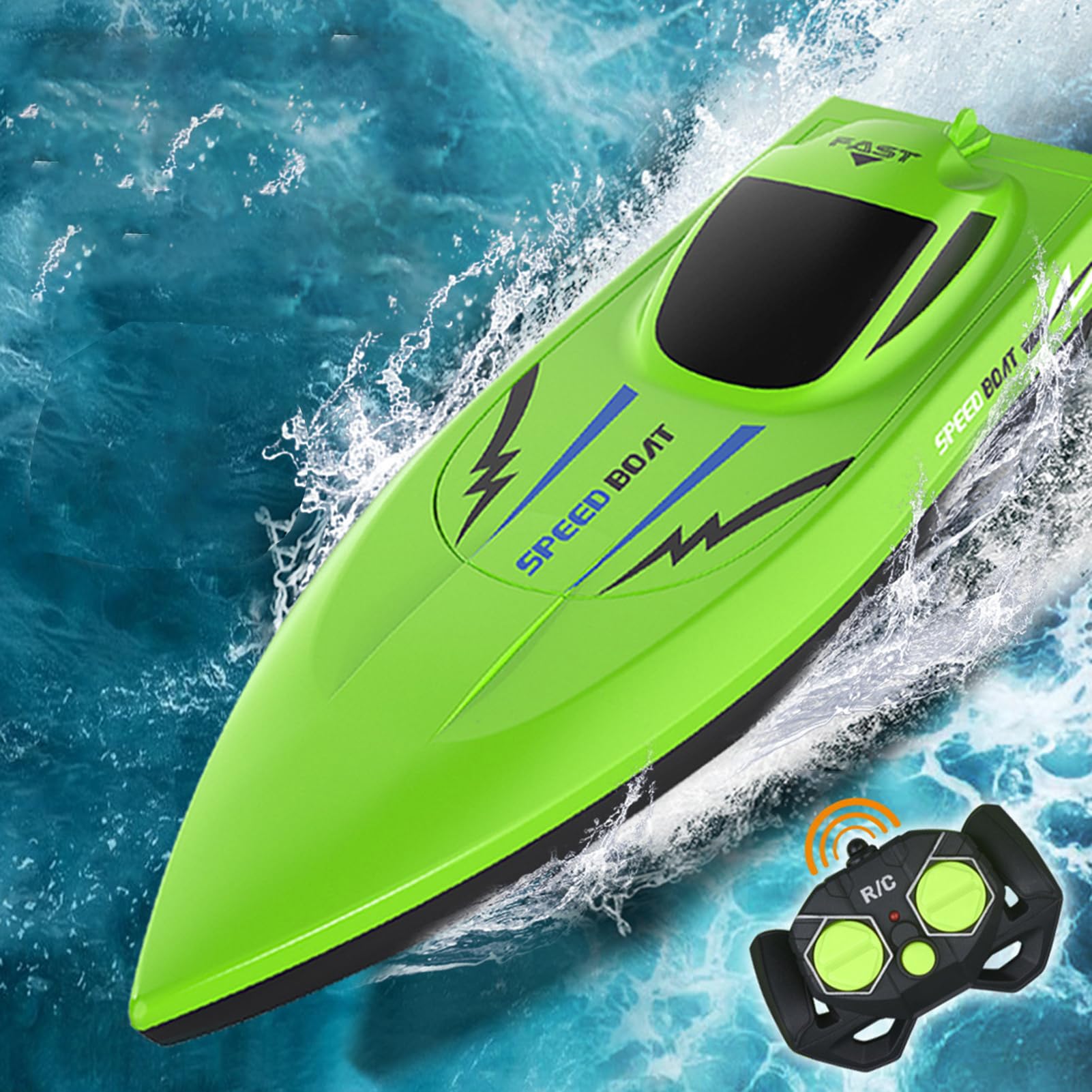 2.4G High-Speed RC Boat with Dual Motors, Fast RC Boat, High Speed Remote Control Racing Boat, Waterproof Electric Fast Speed Boat for Lakes & Pools & Salt Water, Summer Toys for Adults Kids (Green)
