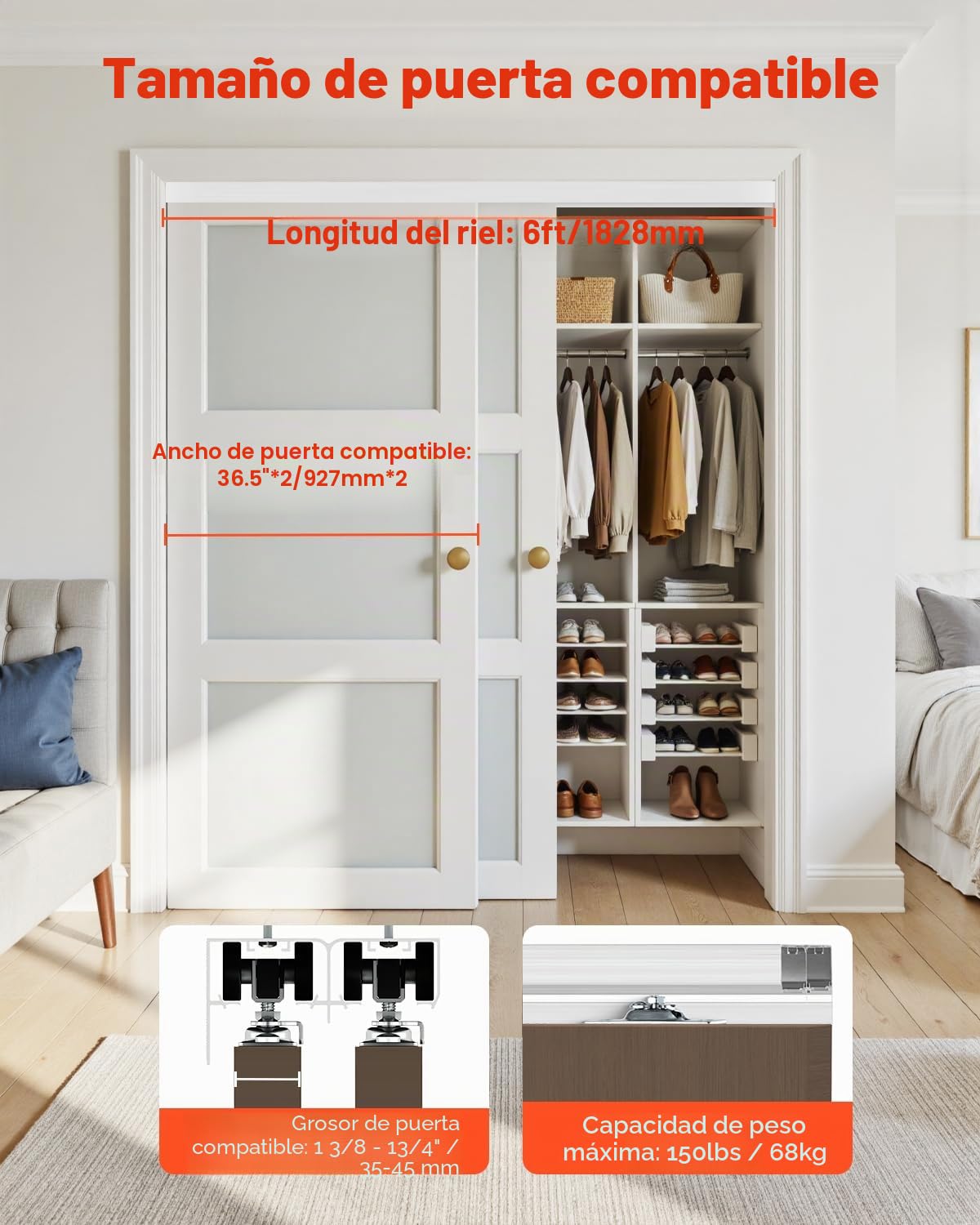 VEVOR Kit de Herrajes para Puertas Corredizas de 1828 mm de Aleación de Aluminio para Puertas Corredizas de Armario con Tiradores, para Sistema de 2 Puertas para Puertas de 35-45 mm de Grosor