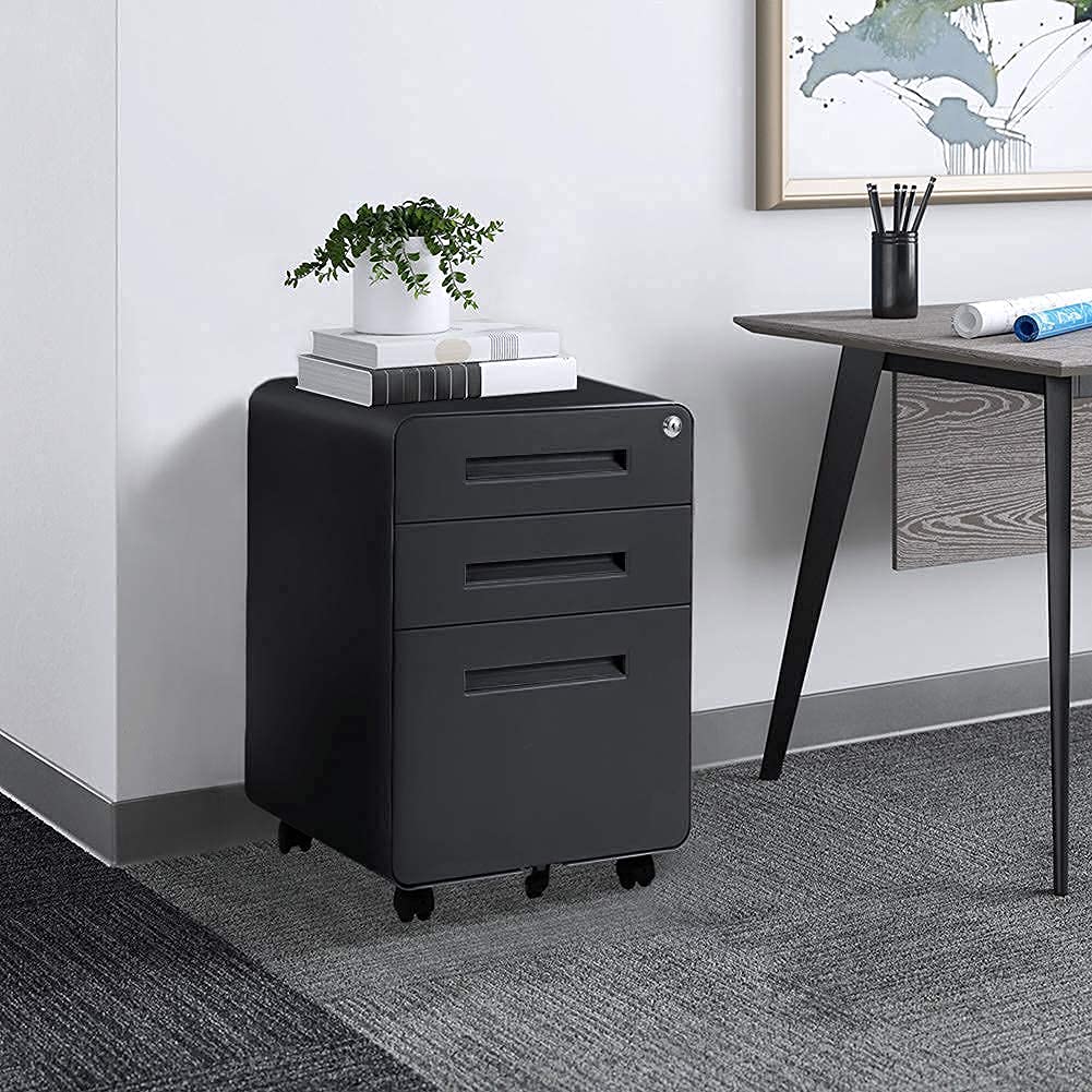 Bonusall Black 3 Drawer File with Lock, Locking Filing with Wheels, Rolling