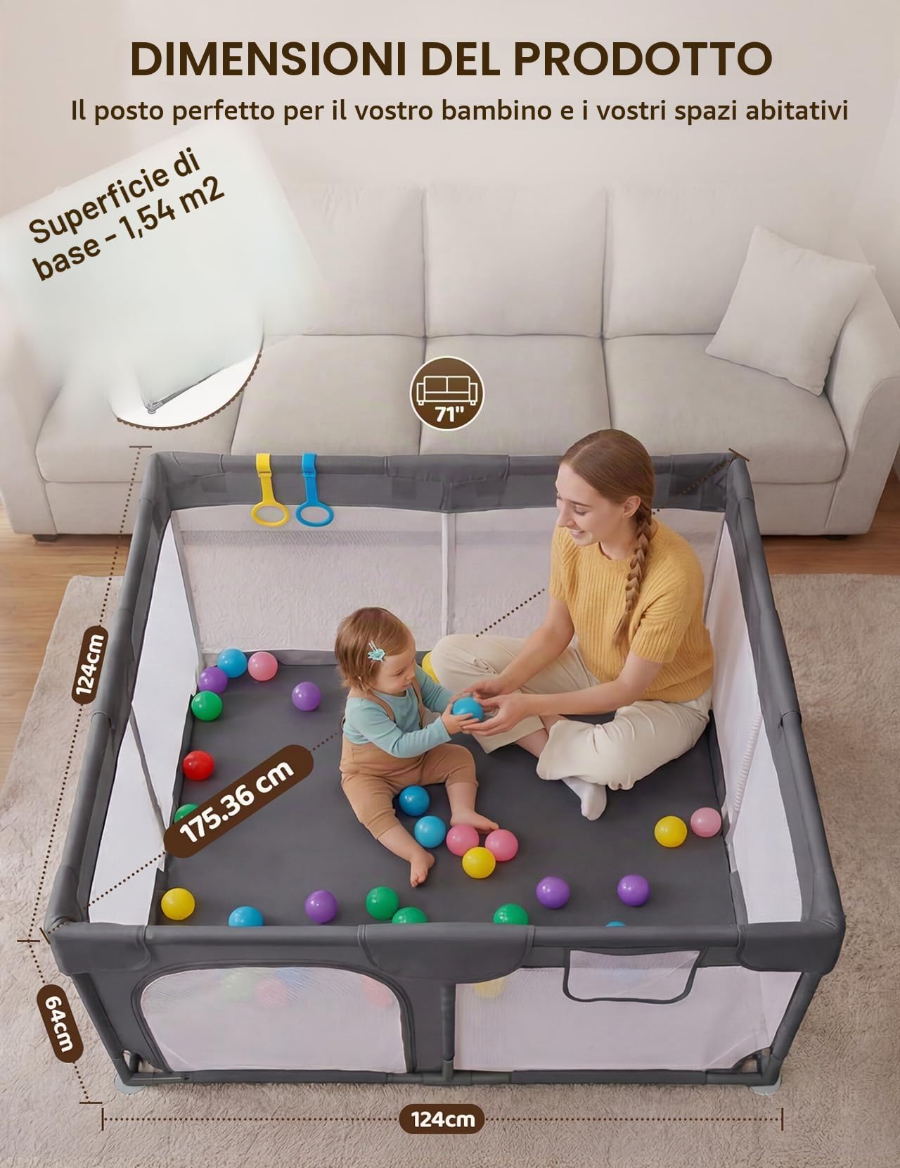 Dripex Box per Bambini Recinto Neonato - Small - Antracite | 124 x 124 cm box per bambini con tappetino, tessuto Oxford 210D, 2 anelli da gioco, palline a tema oceano.