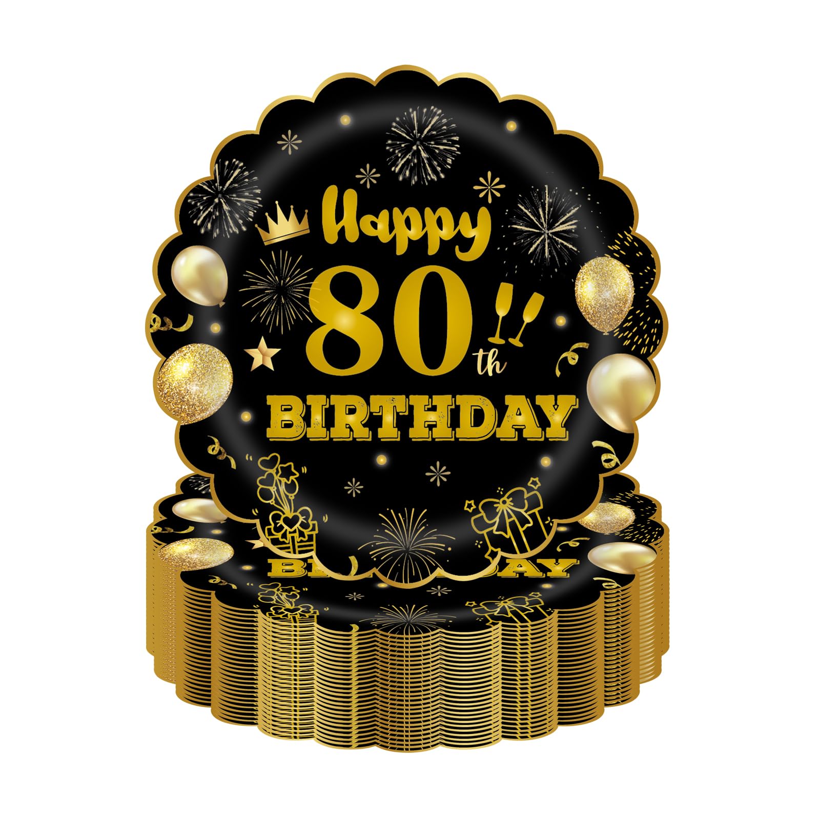 HFBOBP 50Pcs 80th Birthday Party Paper Plates,7inch Disposable Black and Gold Scalloped Dessert Tableware for Wedding Anniversary Reception Event Decorations